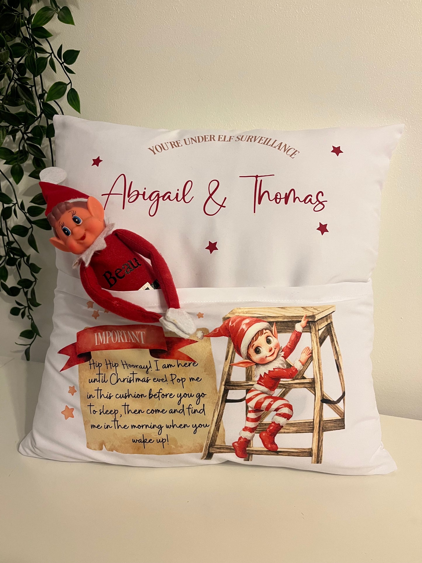ersonalised Elf pocket cushion, I’m back, elf arrival.