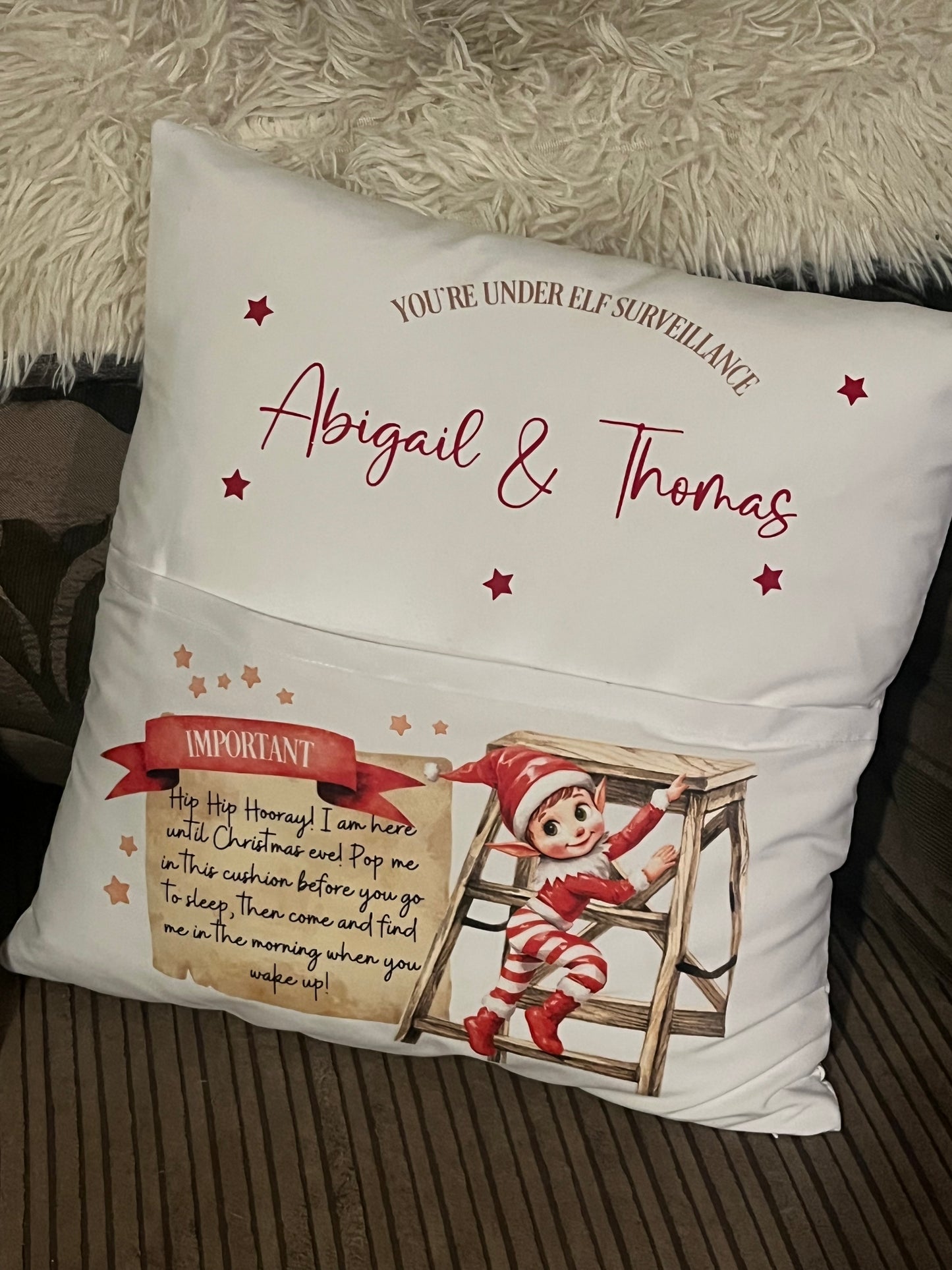 ersonalised Elf pocket cushion, I’m back, elf arrival.