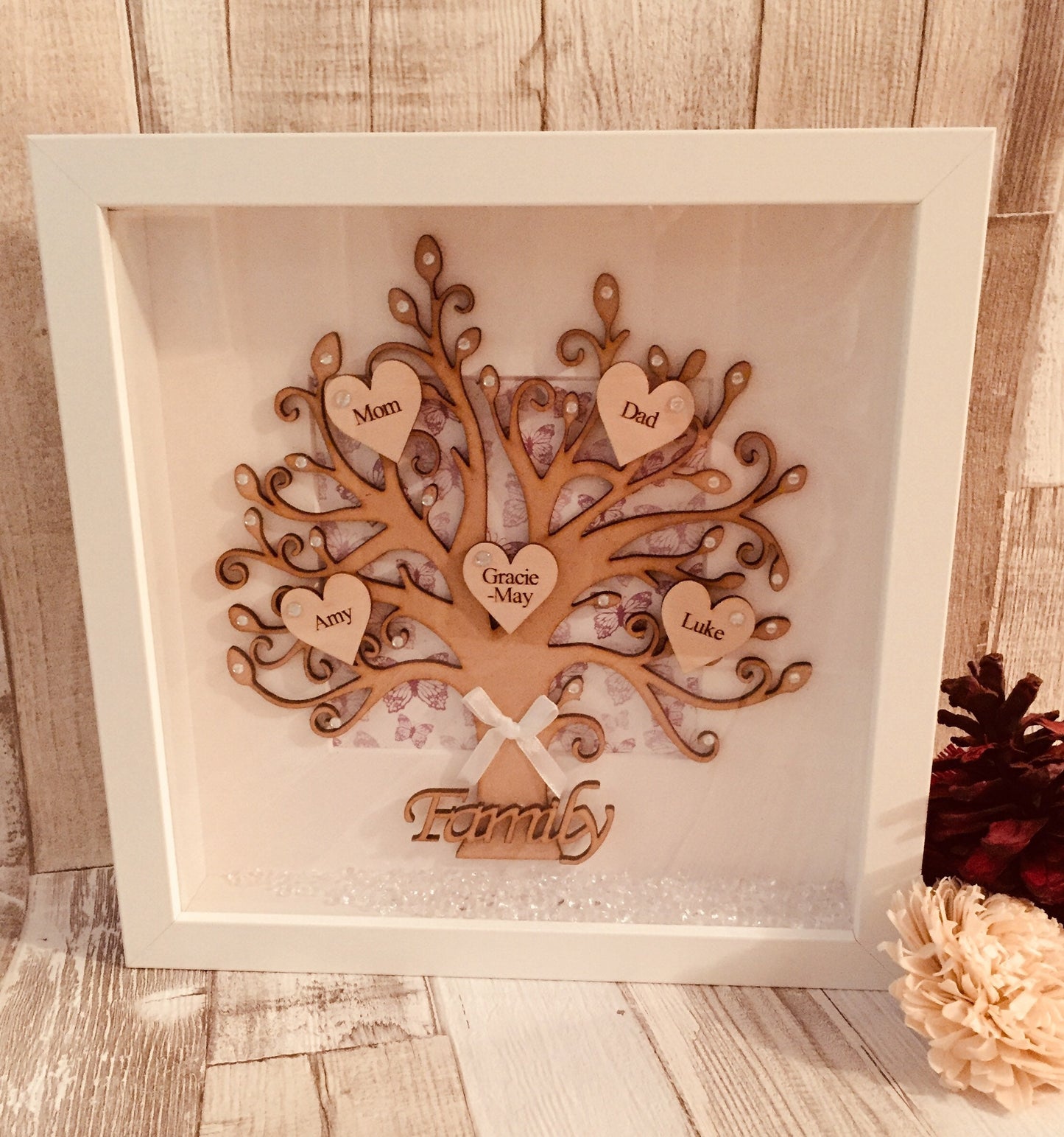 WOODEN FAMILY TREE, Personalised box frame,Keepsake Gift, Handmade Frame,Name Frame,Gift for mom/nan