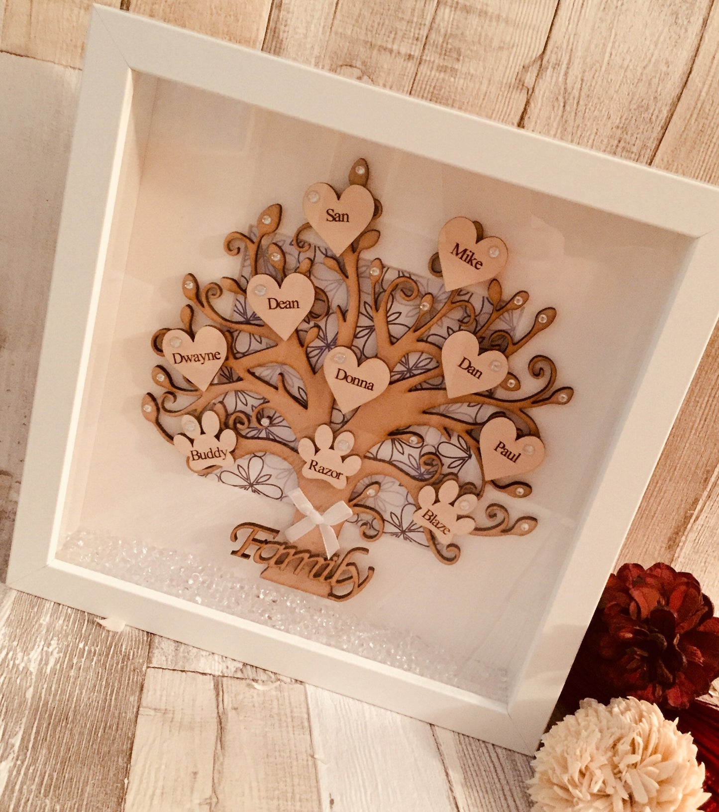 WOODEN FAMILY TREE, Personalised box frame,Keepsake Gift, Handmade Frame,Name Frame,Gift for mom/nan