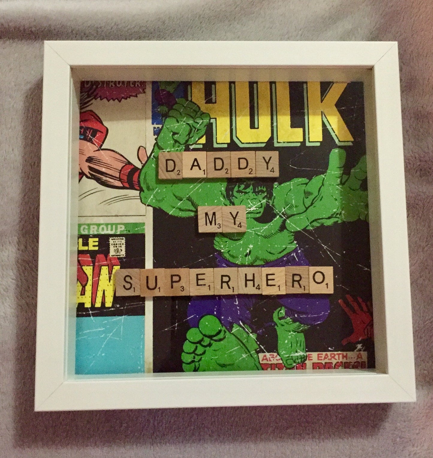 SUPERHERO scrabble frame, Fathers Day gift, Scrabble Wall Art, Superhero scrabble frame for bedroom, birthday gift for Daddy