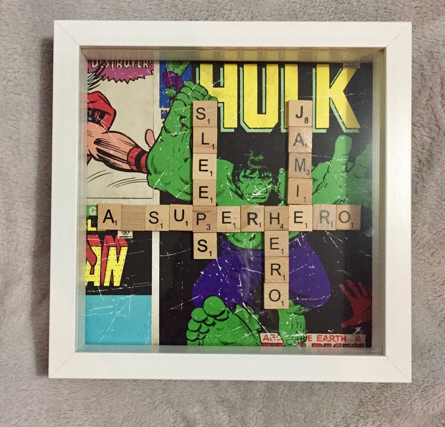 SUPERHERO scrabble frame, Fathers Day gift, Scrabble Wall Art, Superhero scrabble frame for bedroom, birthday gift for Daddy