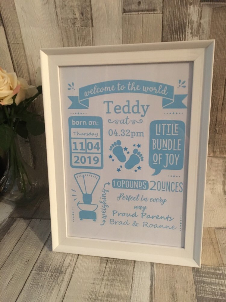 Personalised new baby gift, birth statistics, new baby frame