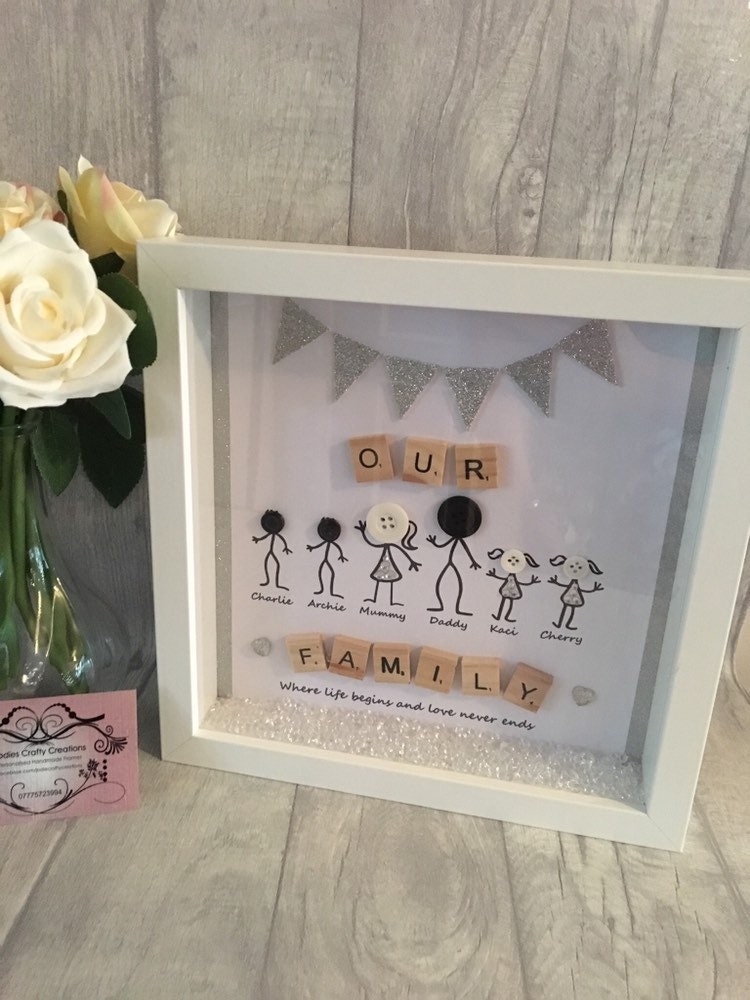 Stick Family Button Frame, Personalised Frame With Stick Figures, Button Art, Button Head Frame