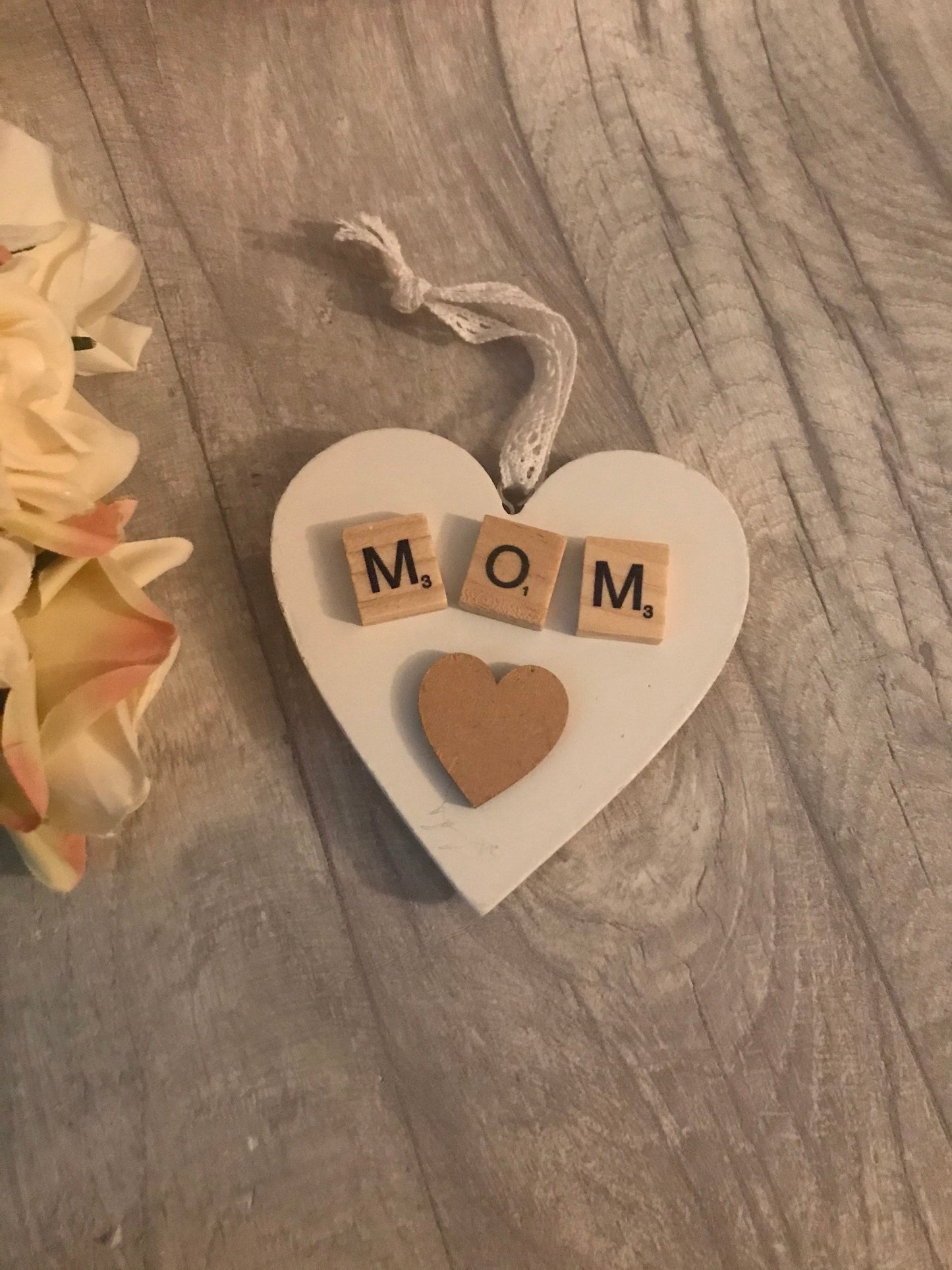 Scrabble hanging plaques, heart shape hanging ornament, scrabble gift, Mother’s Day gift