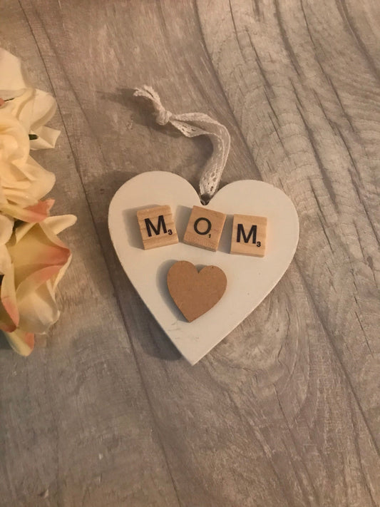 Scrabble hanging plaques, heart shape hanging ornament, scrabble gift, Mother’s Day gift