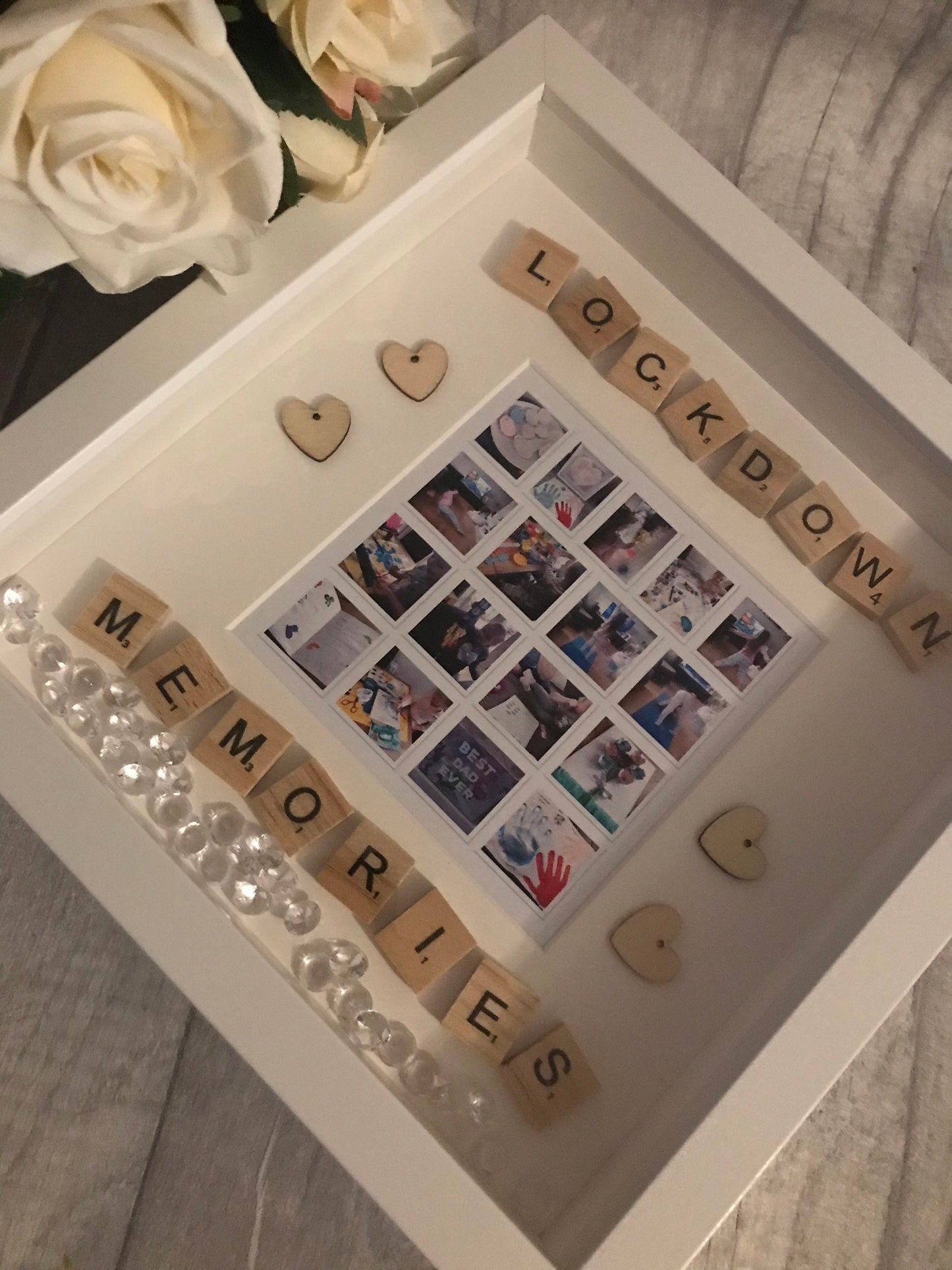 Lockdown keepsake, Lockdown 2020 frame, Scrabble Box Frame, Button stick figures