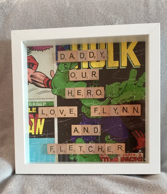 SUPERHERO scrabble frame, Fathers Day gift, Scrabble Wall Art, Superhero scrabble frame for bedroom, birthday gift for Daddy
