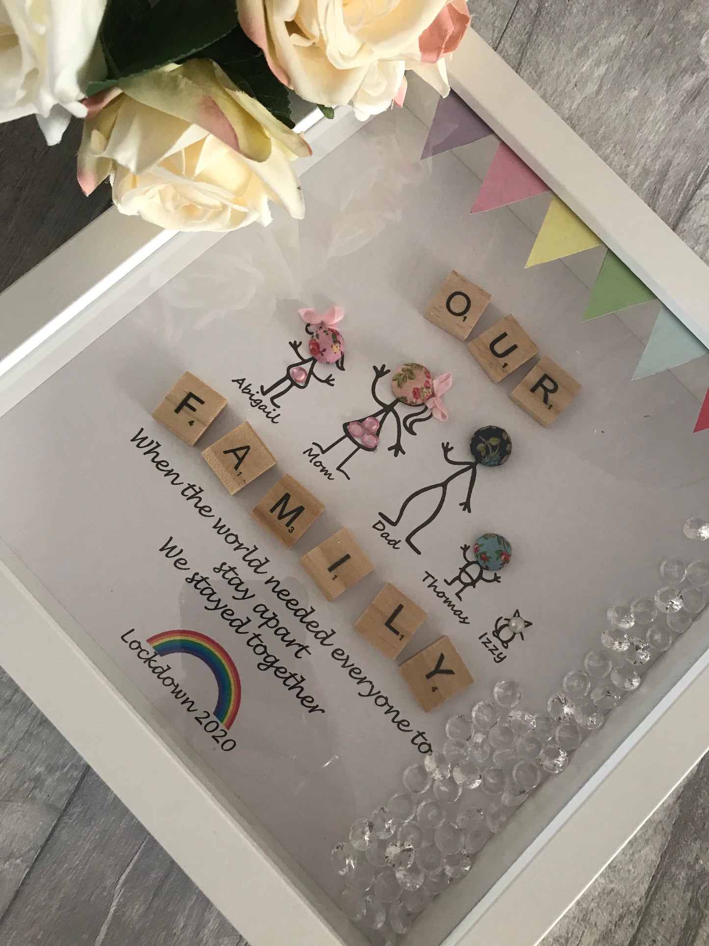 Lockdown keepsake, Lockdown 2020 frame, Scrabble Box Frame, Button stick figures