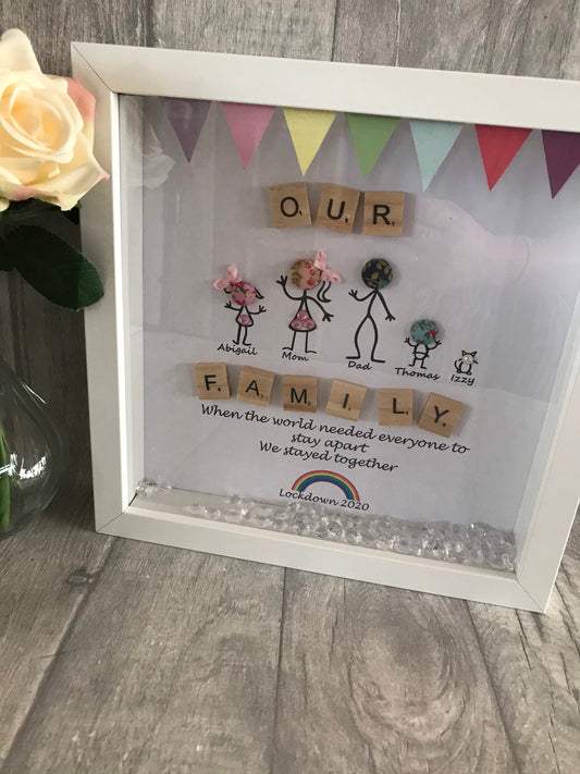 Lockdown keepsake, Lockdown 2020 frame, Scrabble Box Frame, Button stick figures