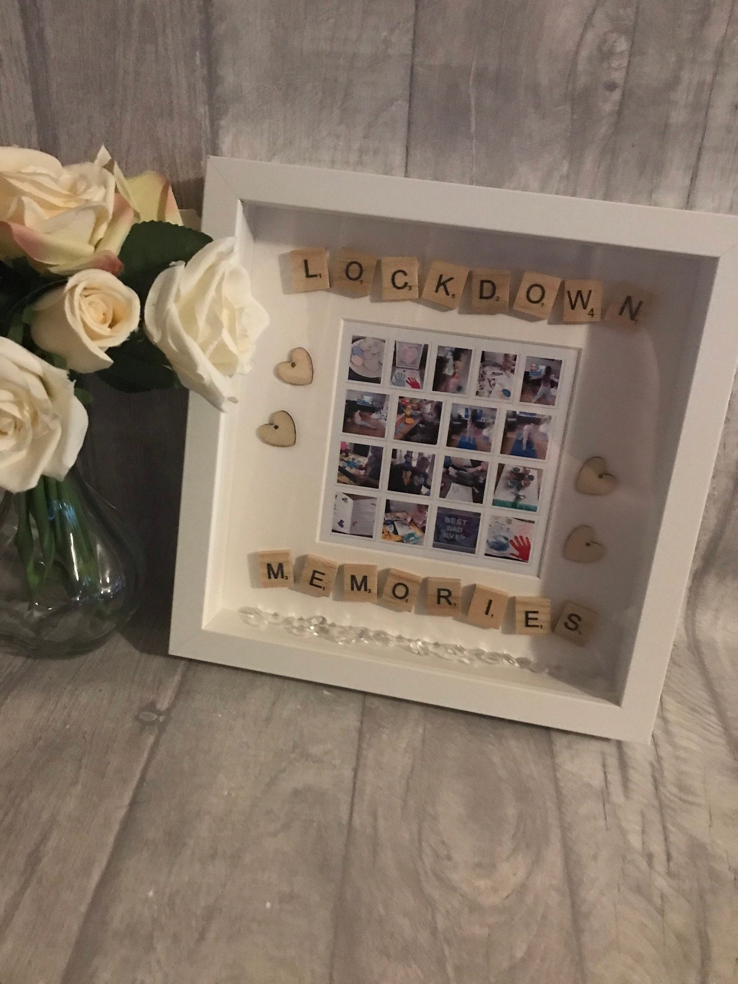 Lockdown keepsake, Lockdown 2020 frame, Scrabble Box Frame, Button stick figures