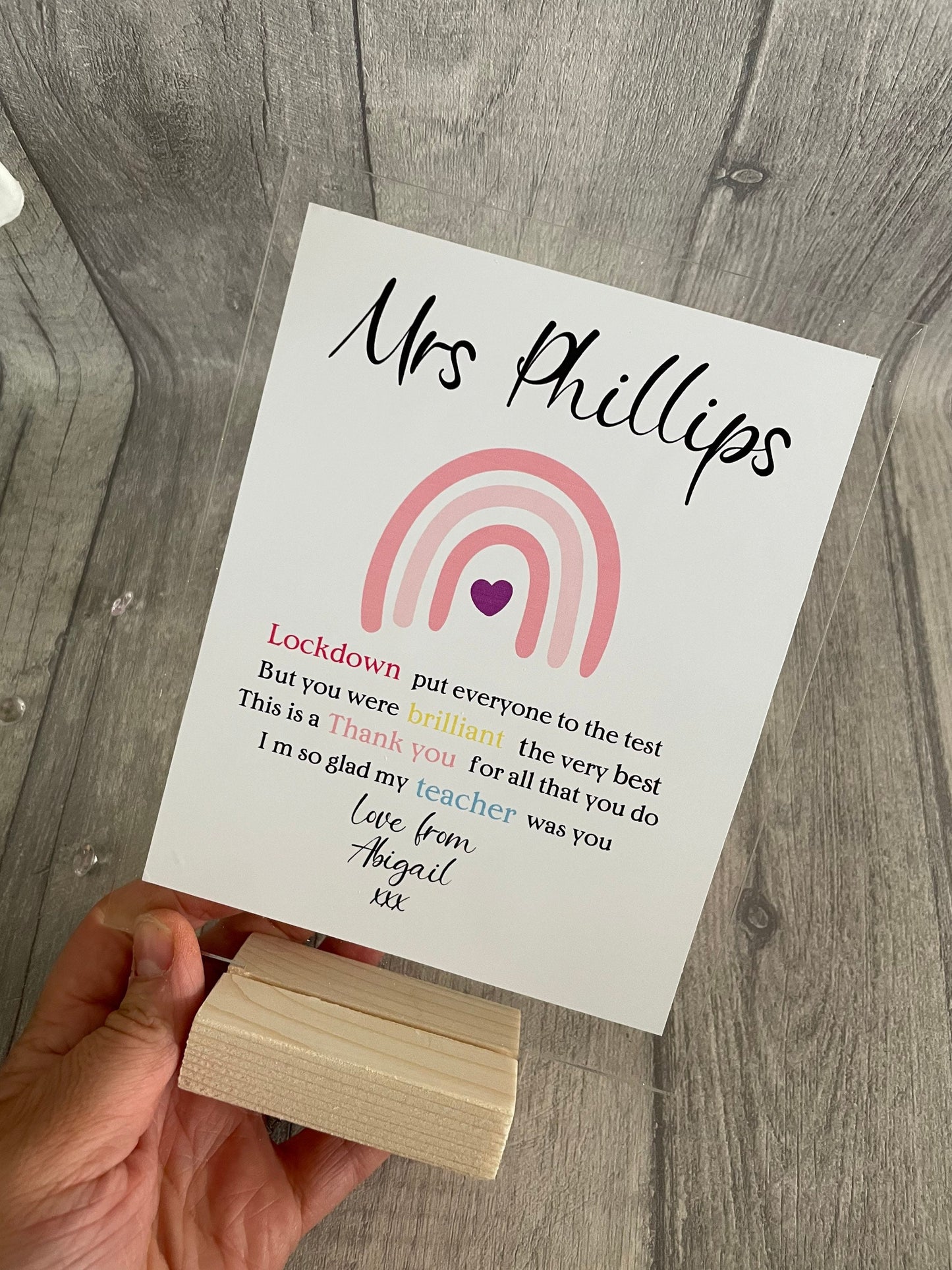Thank You Gift, Personalised acrylic plaque, acrylic standing sign with wooden block. personalised gifts for teacher, Teacher Plaque
