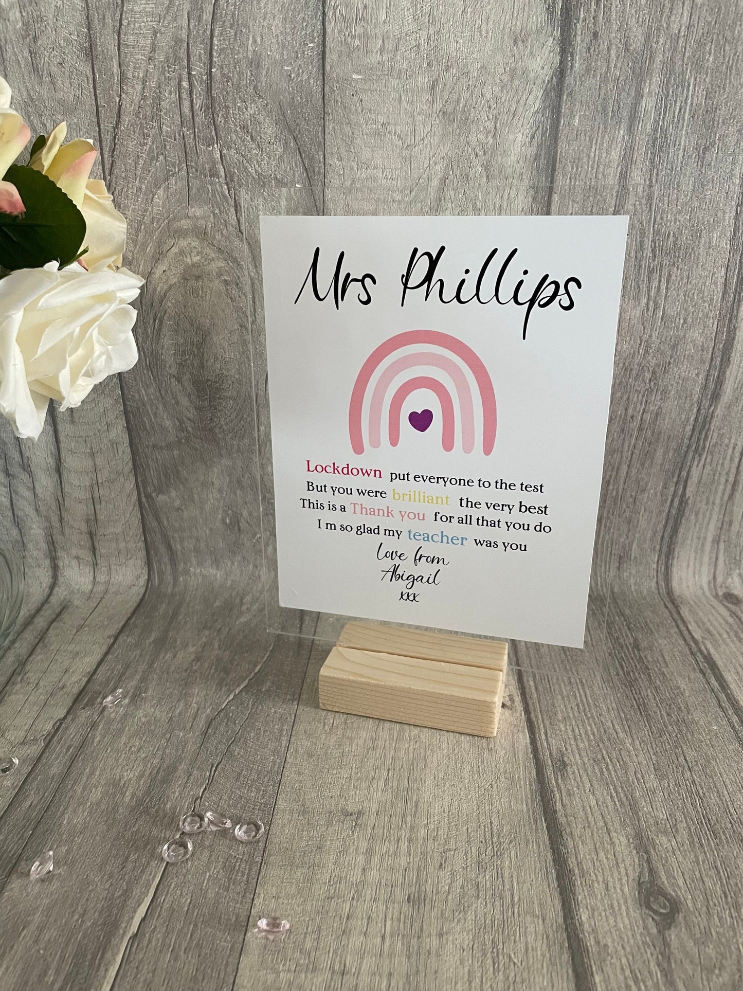 Thank You Gift, Personalised acrylic plaque, acrylic standing sign with wooden block. personalised gifts for teacher, Teacher Plaque