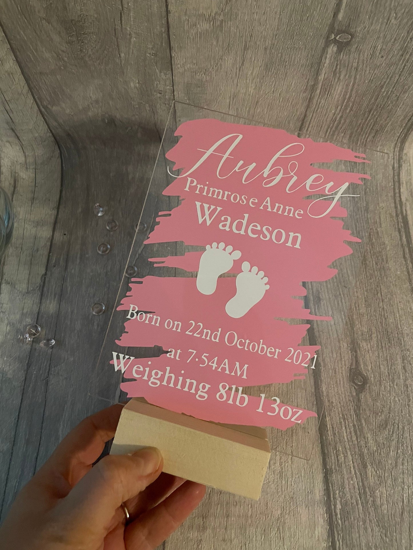 Personalised new baby gift, acrylic standing sign with wooden block. New baby plaque
