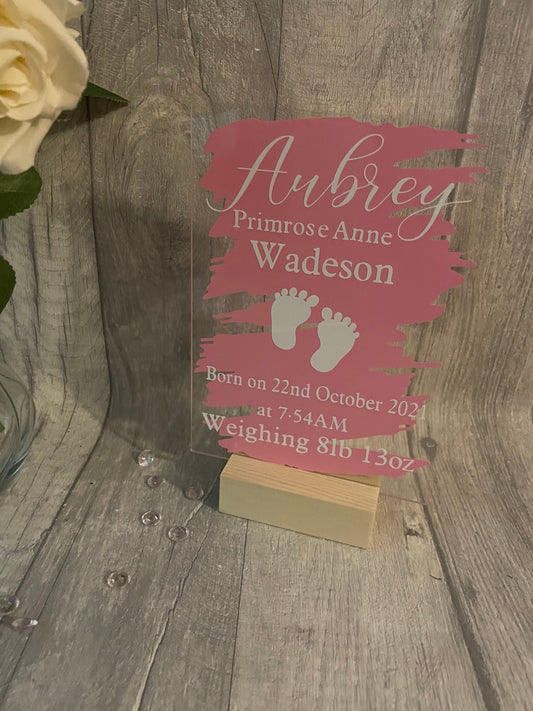 Personalised new baby gift, acrylic standing sign with wooden block. New baby plaque