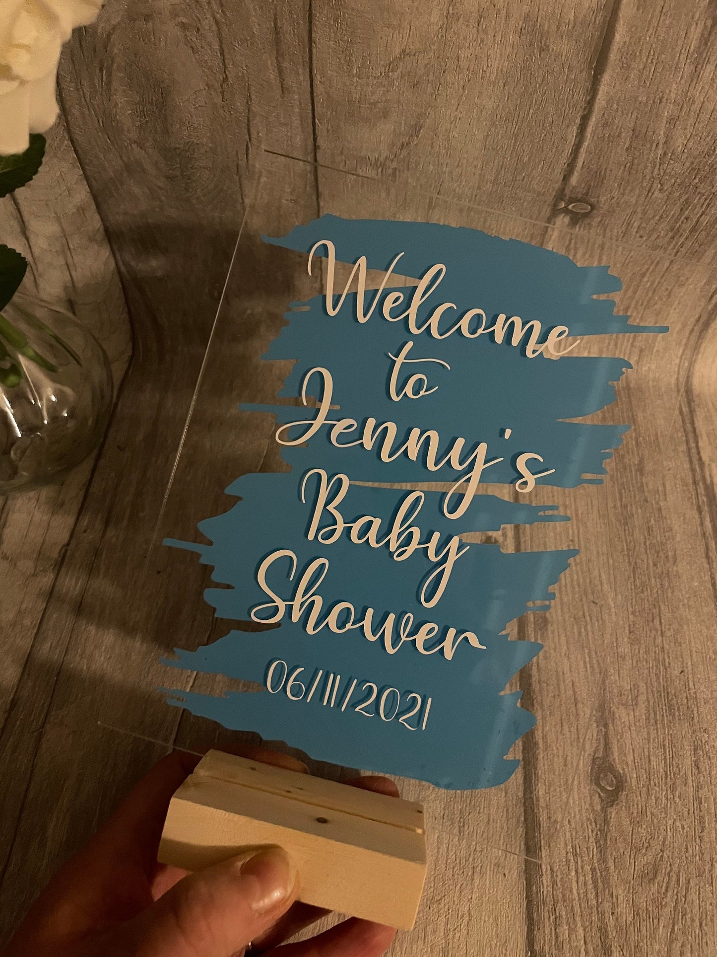 Personalised baby shower welcome sign. acrylic standing sign with wooden block. New baby plaque, baby shower gift
