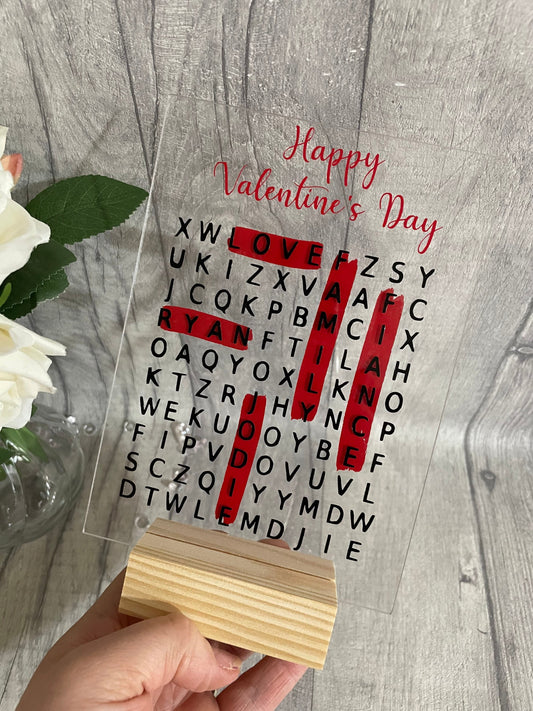 Personalised Valentine’s Day gift, word search plaques,Valentine’s Day Plaque, Acrylic plaque, gift for her, gift for him,l