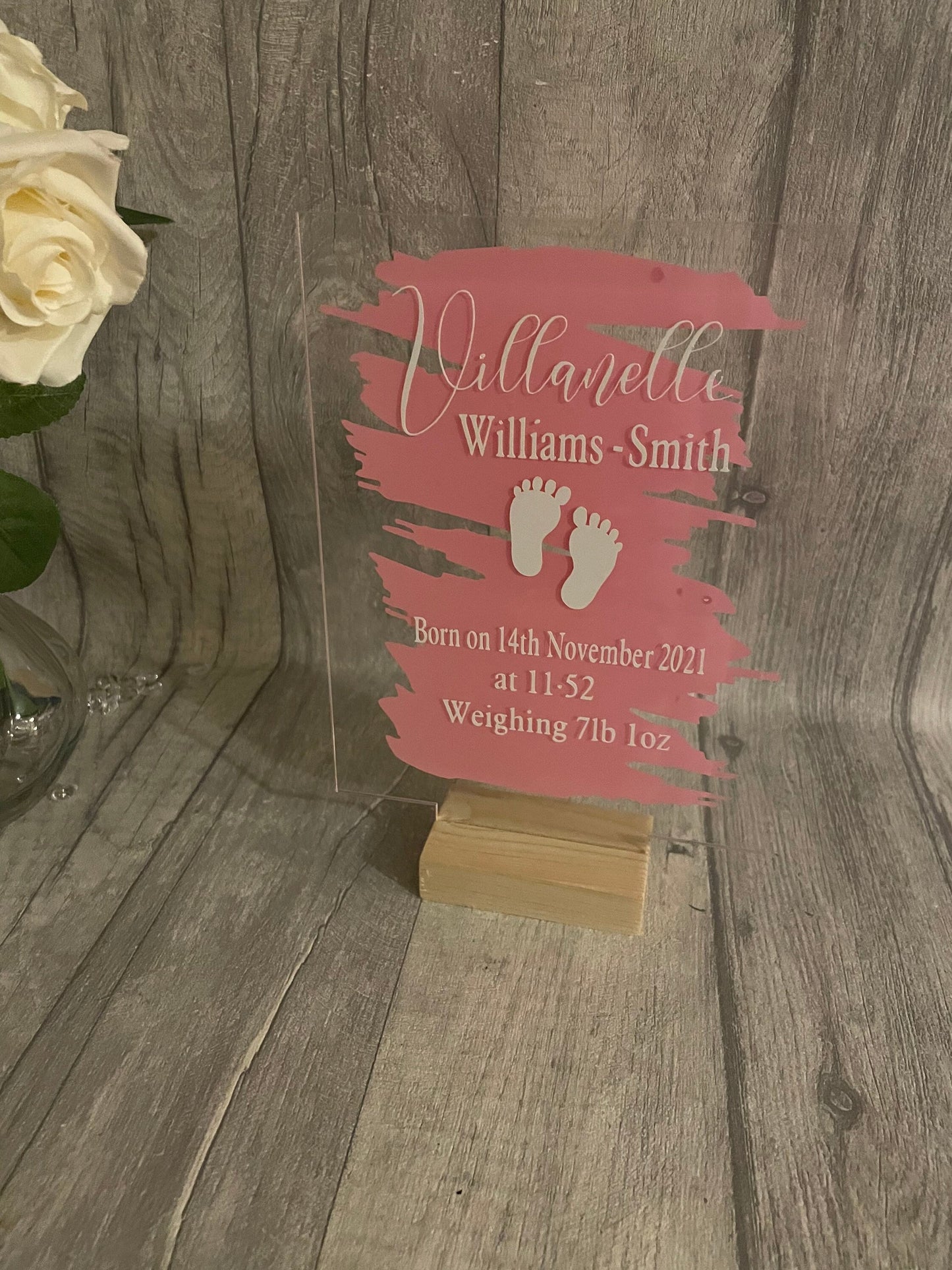 Personalised new baby gift, acrylic standing sign with wooden block. New baby plaque