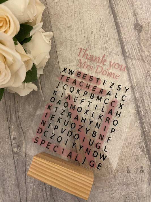 Personalised acrylic plaque, acrylic standing sign with wooden block. Teacher thank you gift, personalised gifts for teacher