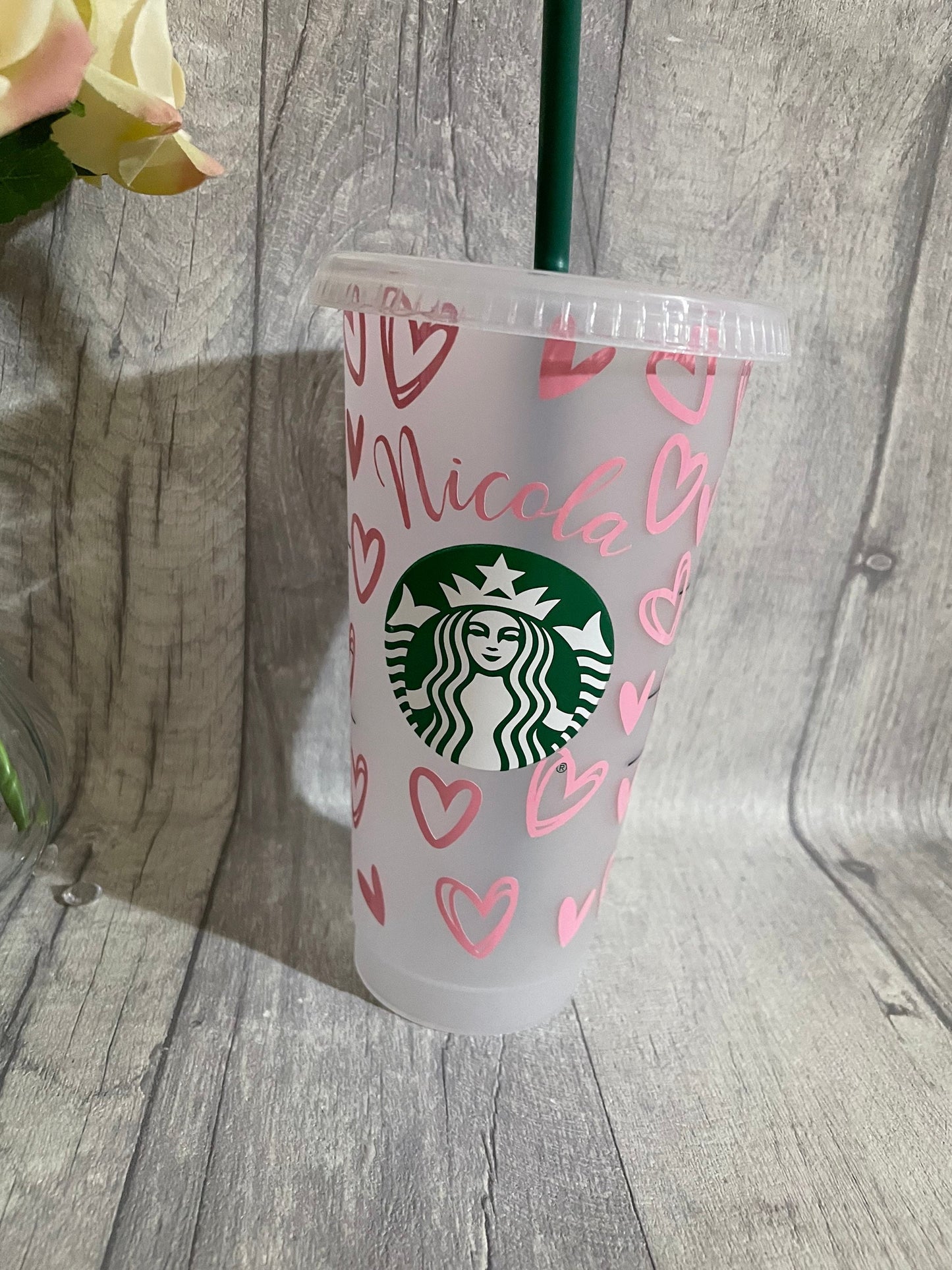Personalised plastic cup, drinks tumbler, drinking bottle, cold cup, love hearts plastic cup