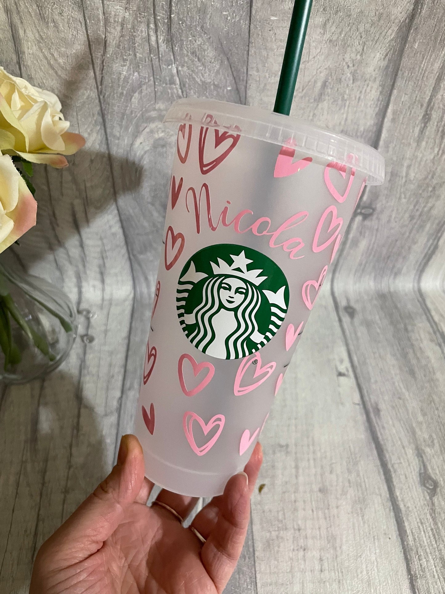 Personalised plastic cup, drinks tumbler, drinking bottle, cold cup, love hearts plastic cup