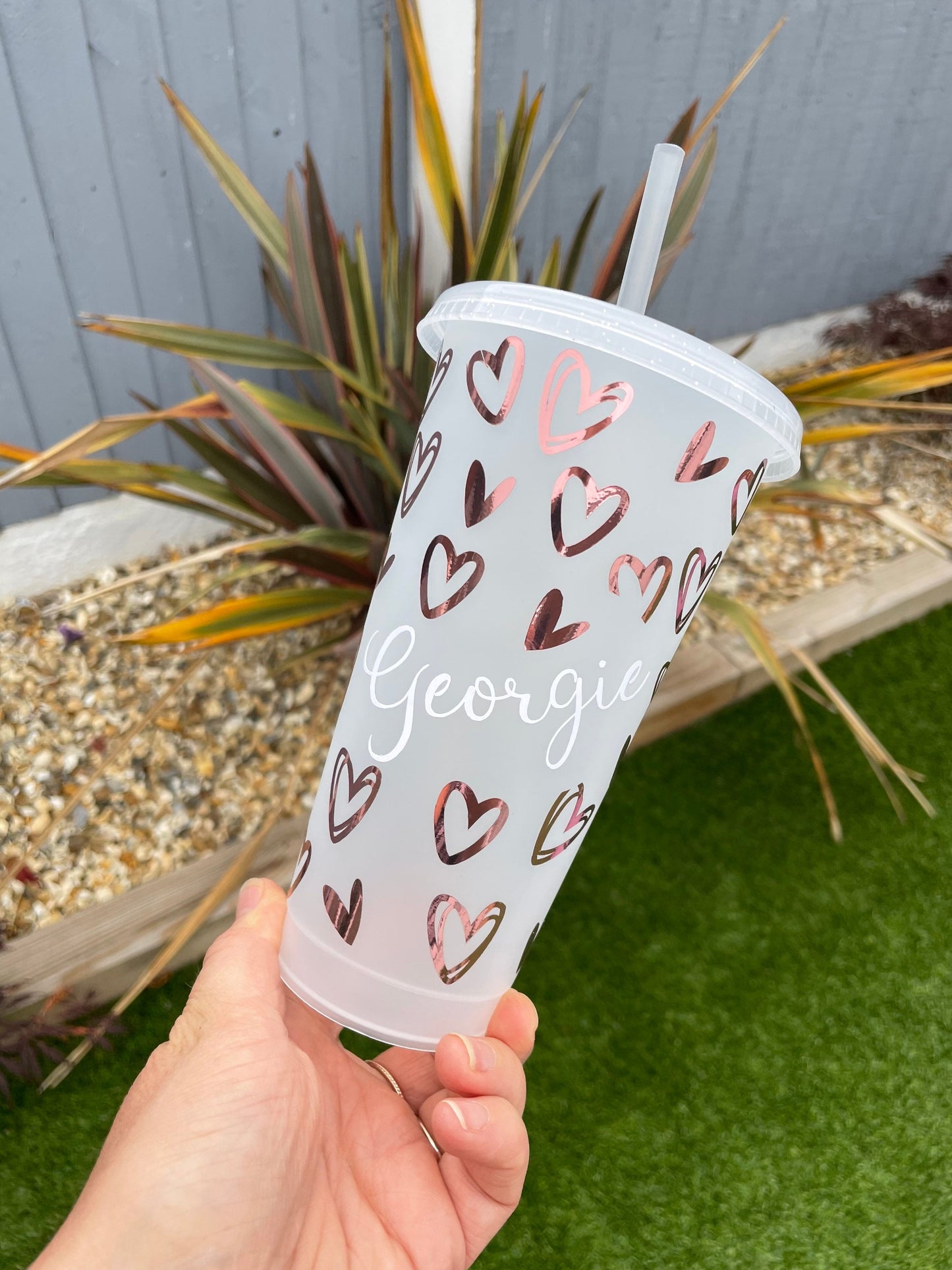 Personalised plastic cup, drinks tumbler, drinking bottle, cold cup, love hearts plastic cup