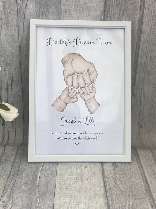 Framed Personalised Daddy Fist bump print,  Daddys Team, Fathers Day Gift, Family print, Gift for Daddy