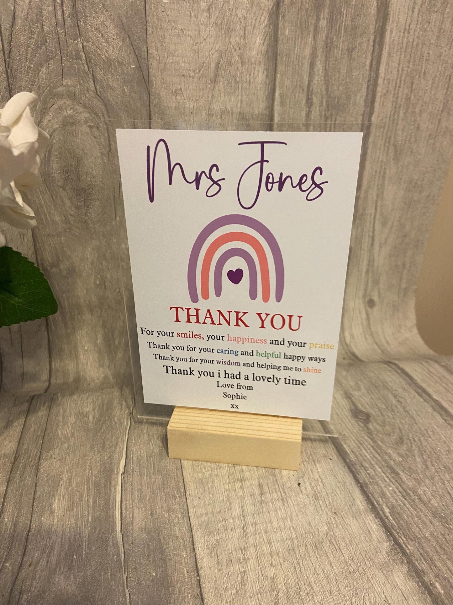 Thank You Gift, Personalised acrylic plaque, acrylic standing sign with wooden block. personalised gifts for teacher, Teacher Plaque
