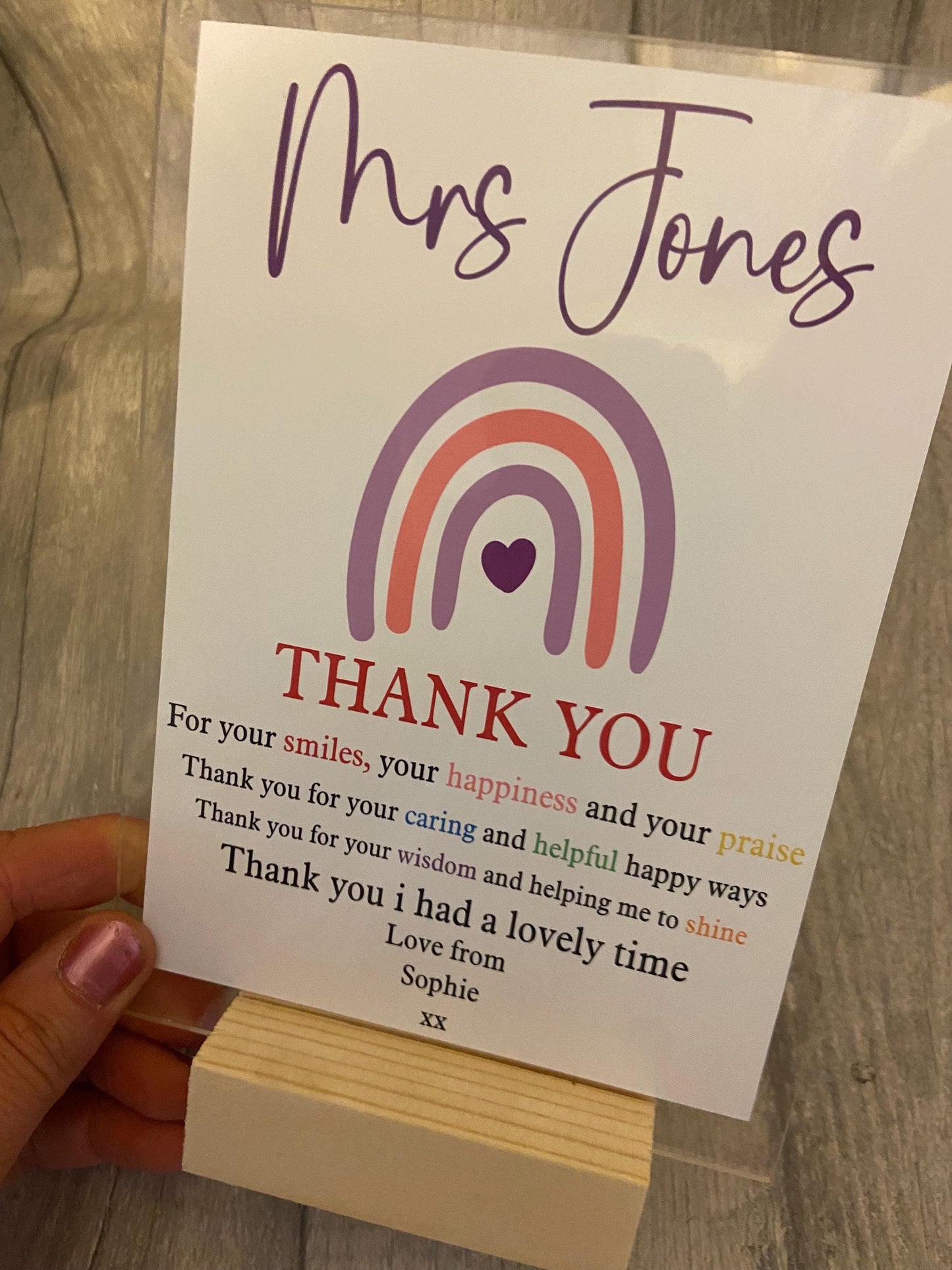 Thank You Gift, Personalised acrylic plaque, acrylic standing sign with wooden block. personalised gifts for teacher, Teacher Plaque