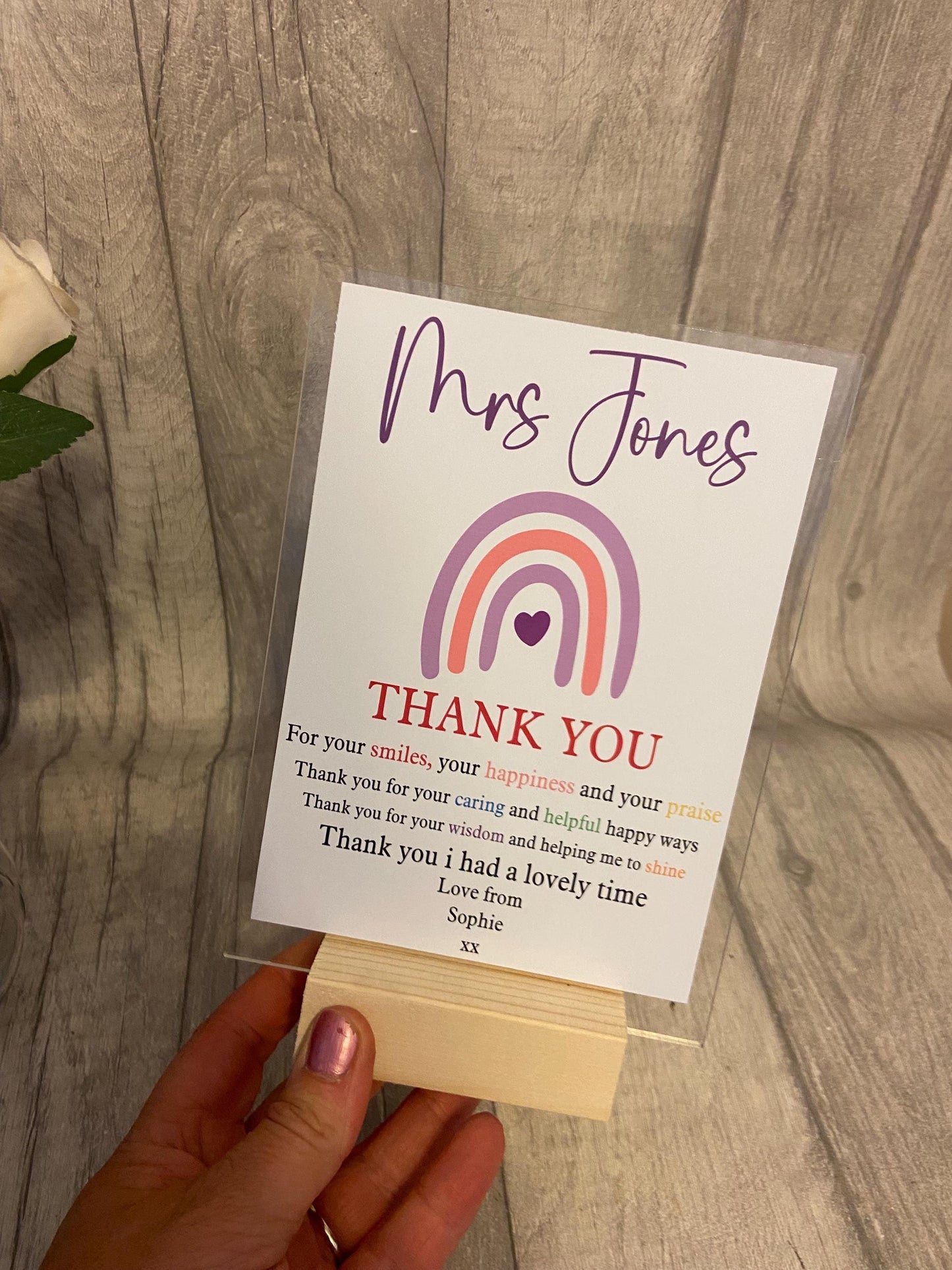 Thank You Gift, Personalised acrylic plaque, acrylic standing sign with wooden block. personalised gifts for teacher, Teacher Plaque