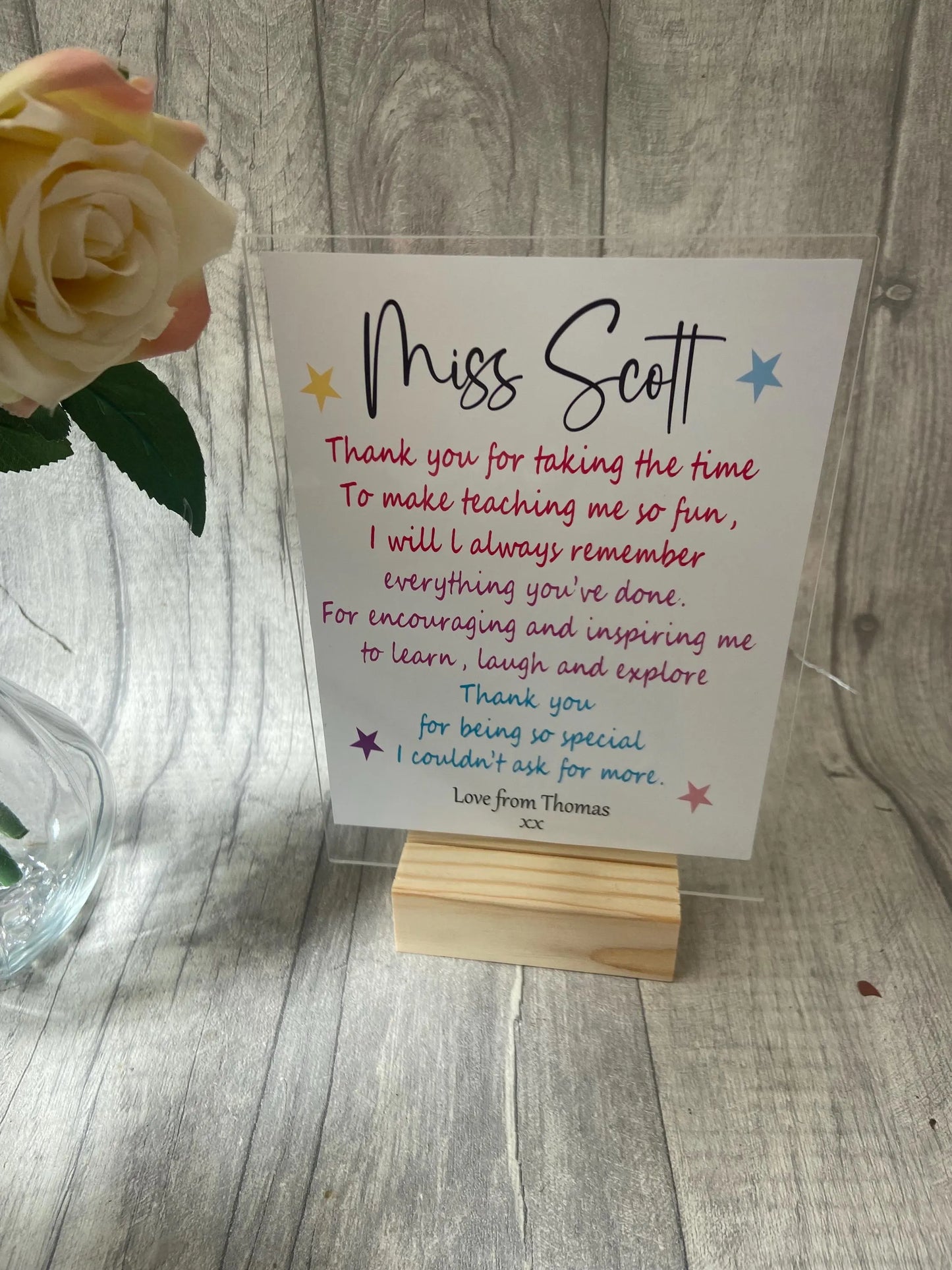 Thank You Gift, Personalised acrylic plaque, acrylic standing sign, personalised gifts for teacher, Teacher Plaque