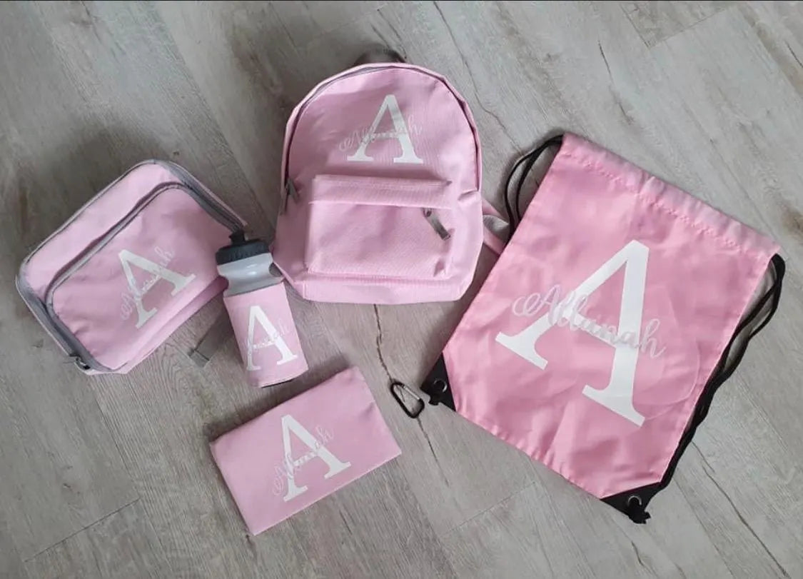 Personalised Backpack, Kids Boys Girls Initial Name, Lunch Bag, Water Bottle and Pencil Case, PE Bag School Bag, Back To School bag set