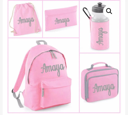 Personalised Backpack,  Kids Boys Girls Initial Name,  Lunch Bag,  Water Bottle and Pencil Case, PE Bag School Bag, Back To School bag set