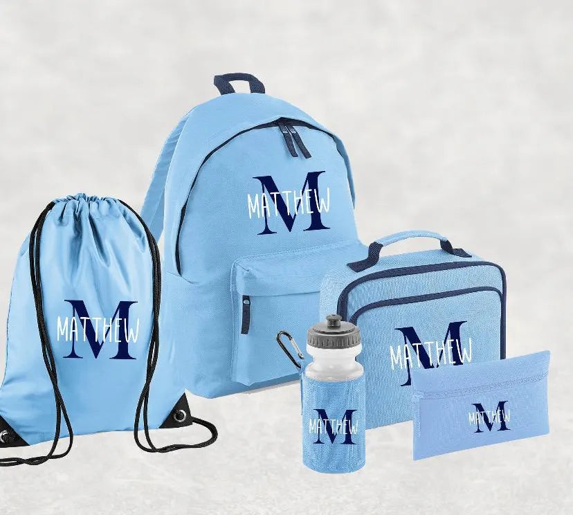 Personalised Backpack, Kids Boys Girls Initial Name, Lunch Bag, Water Bottle and Pencil Case, PE Bag School Bag, Back To School bag set
