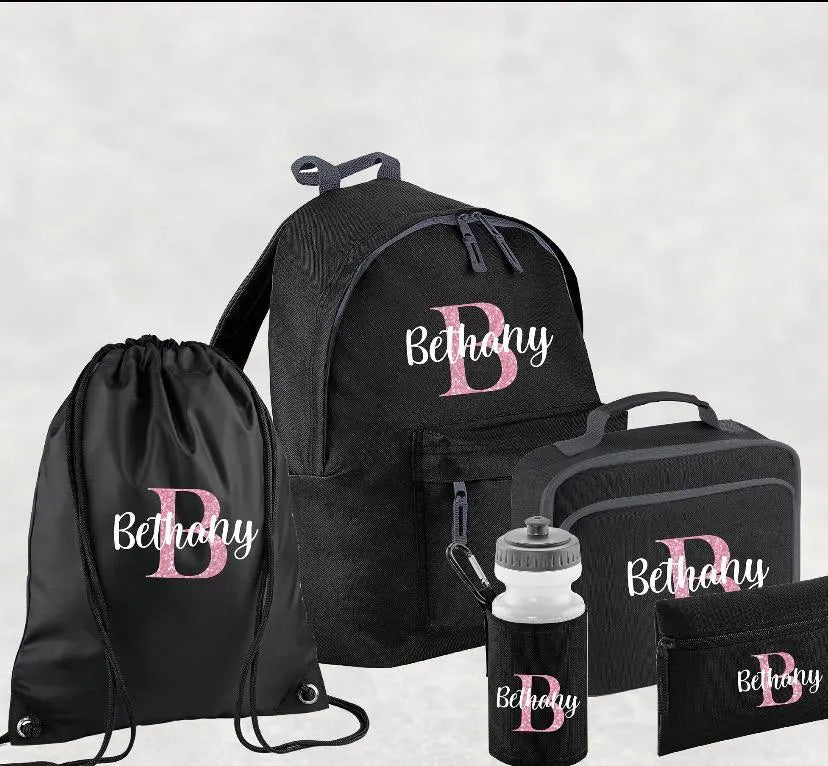 Personalised Backpack, Kids Boys Girls Initial Name, Lunch Bag, Water Bottle and Pencil Case, PE Bag School Bag, Back To School bag set