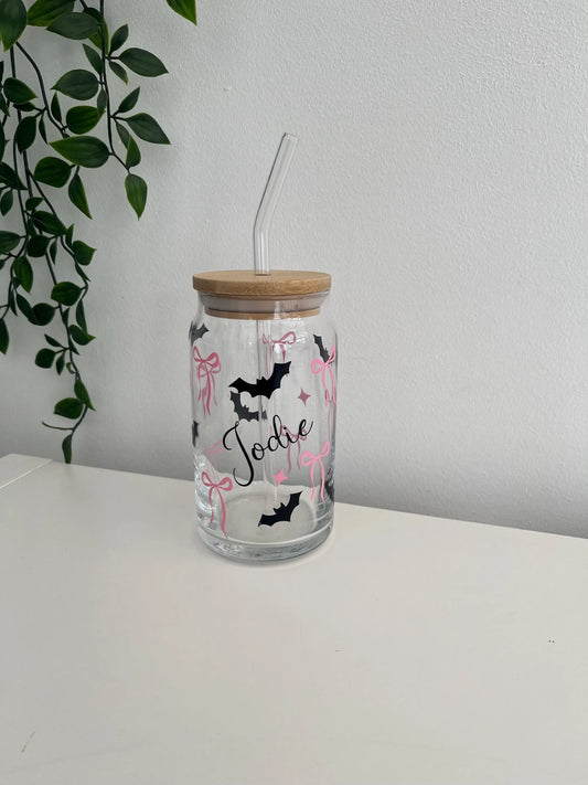 Personalised glass cup with straw, Libby cup, Halloween cup, Iced coffee glass, glass cup with bows