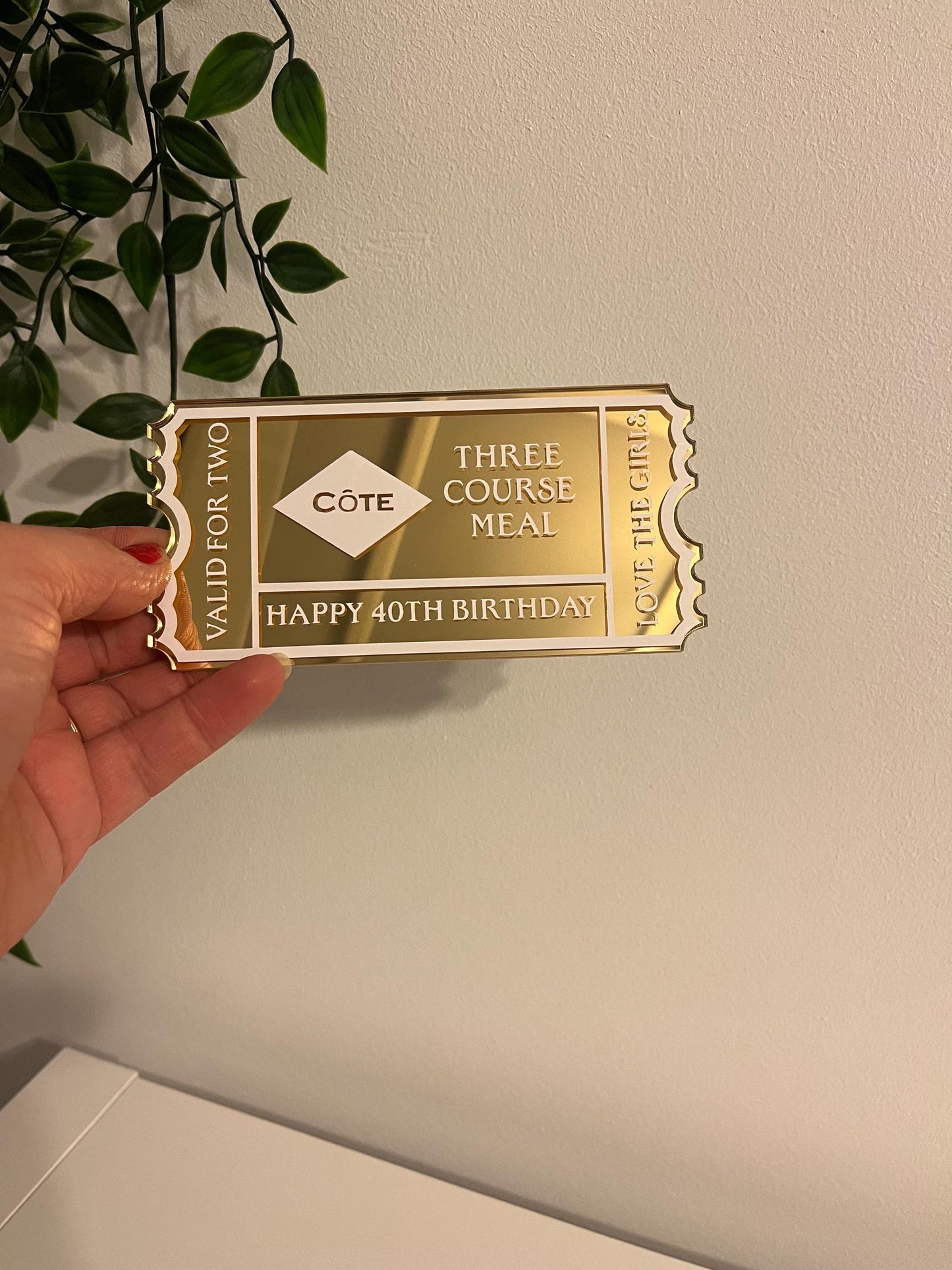 Personalised acrylic ticket, experience day ticket