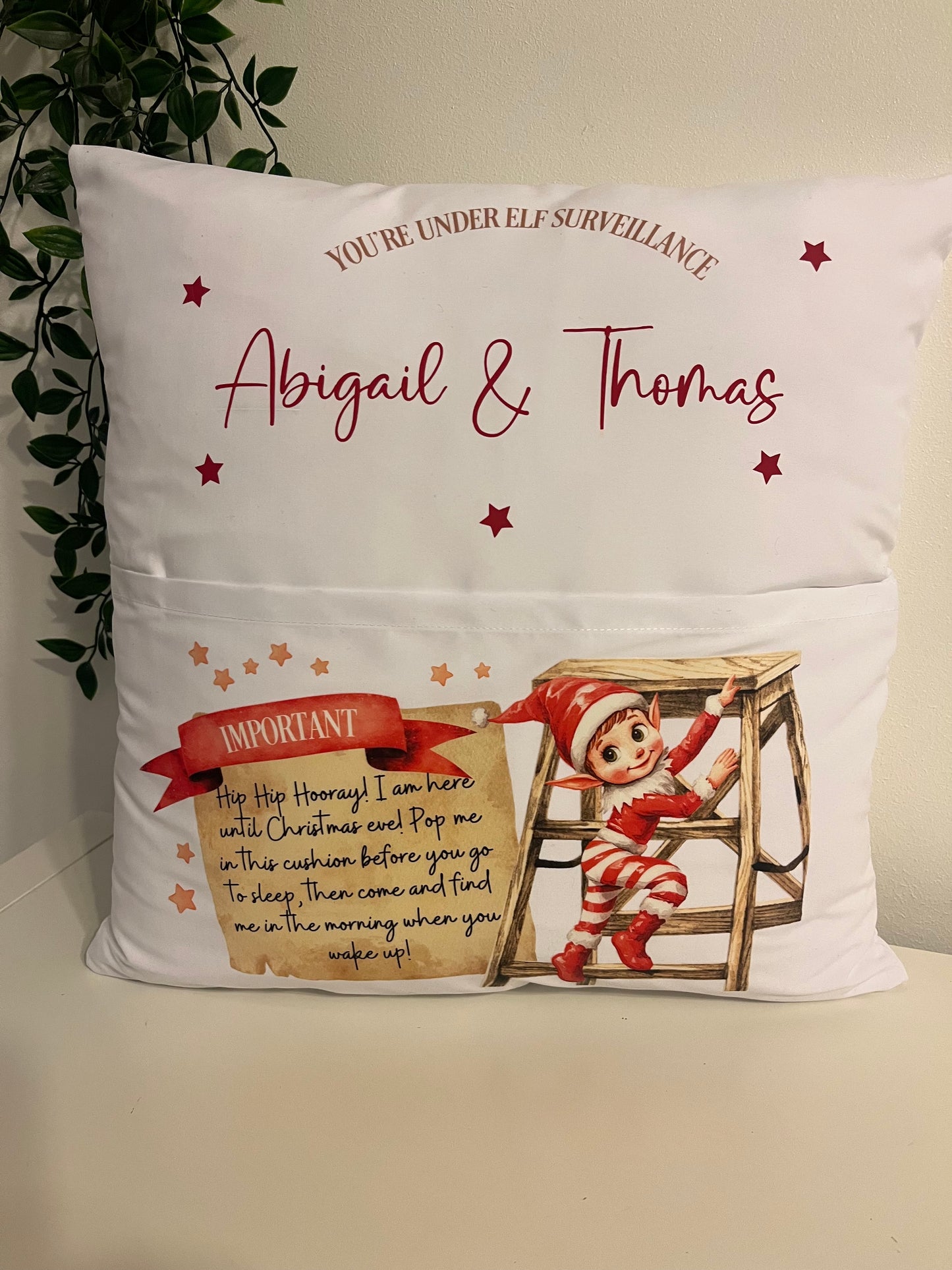 ersonalised Elf pocket cushion, I’m back, elf arrival.