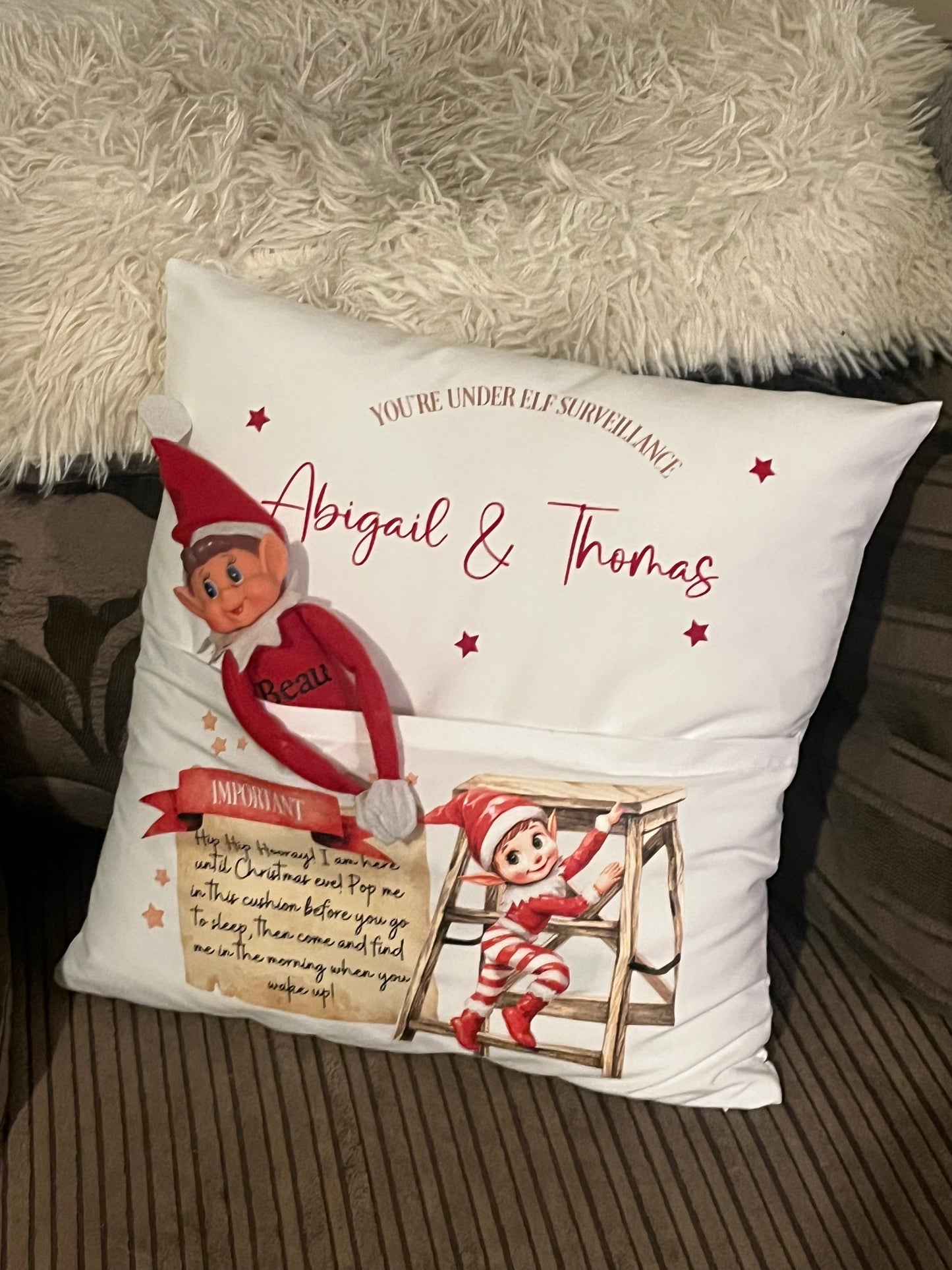 ersonalised Elf pocket cushion, I’m back, elf arrival.