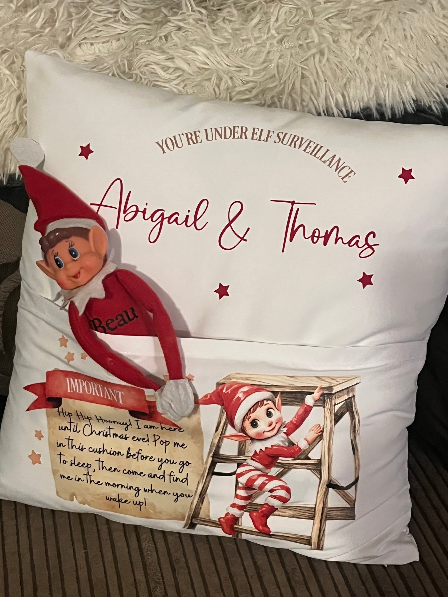 ersonalised Elf pocket cushion, I’m back, elf arrival.