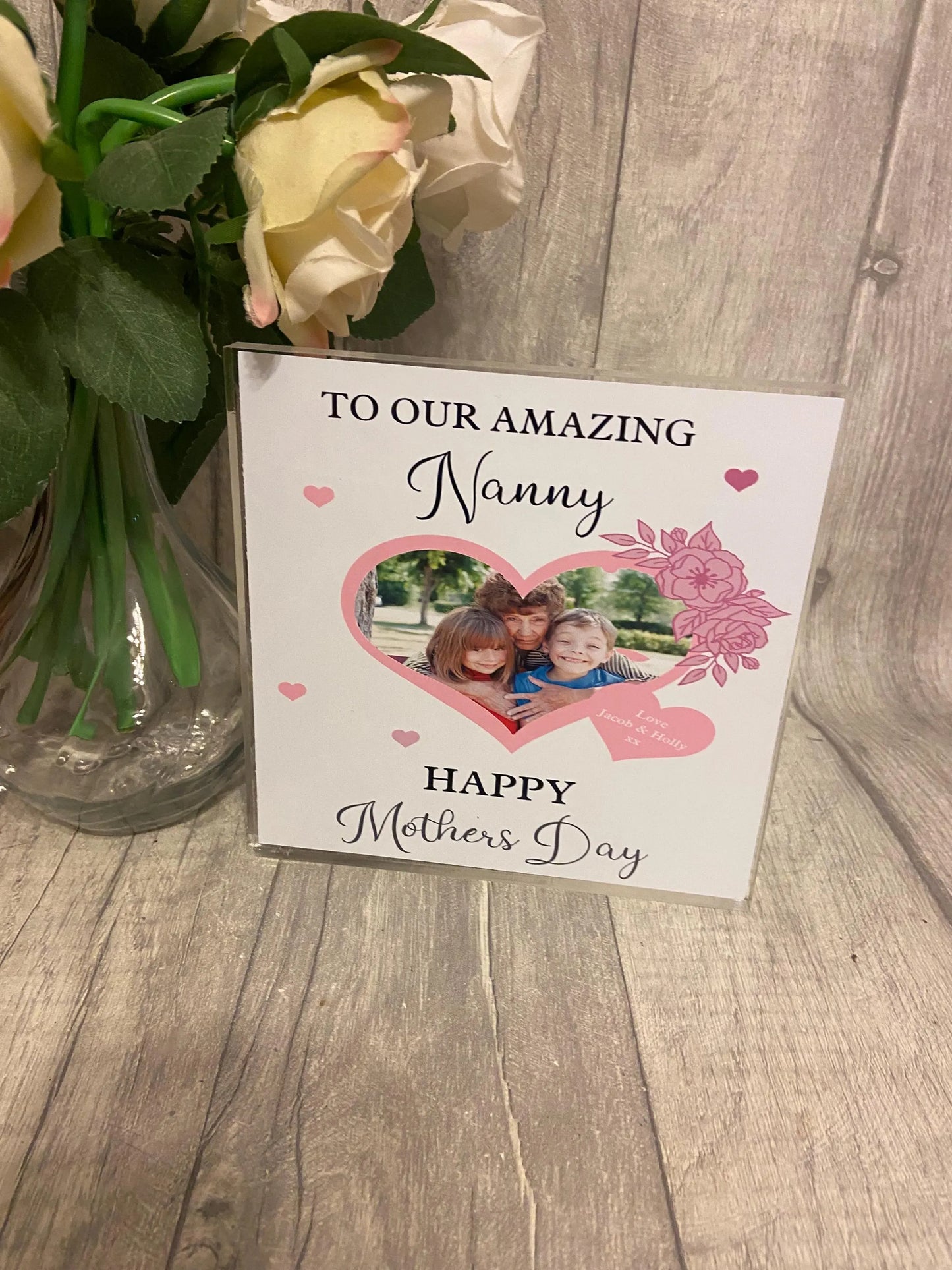 Mothers Day Gift, Personalised acrylic plaque, acrylic standing sign with wooden block. personalised gifts for mother, mom,nan