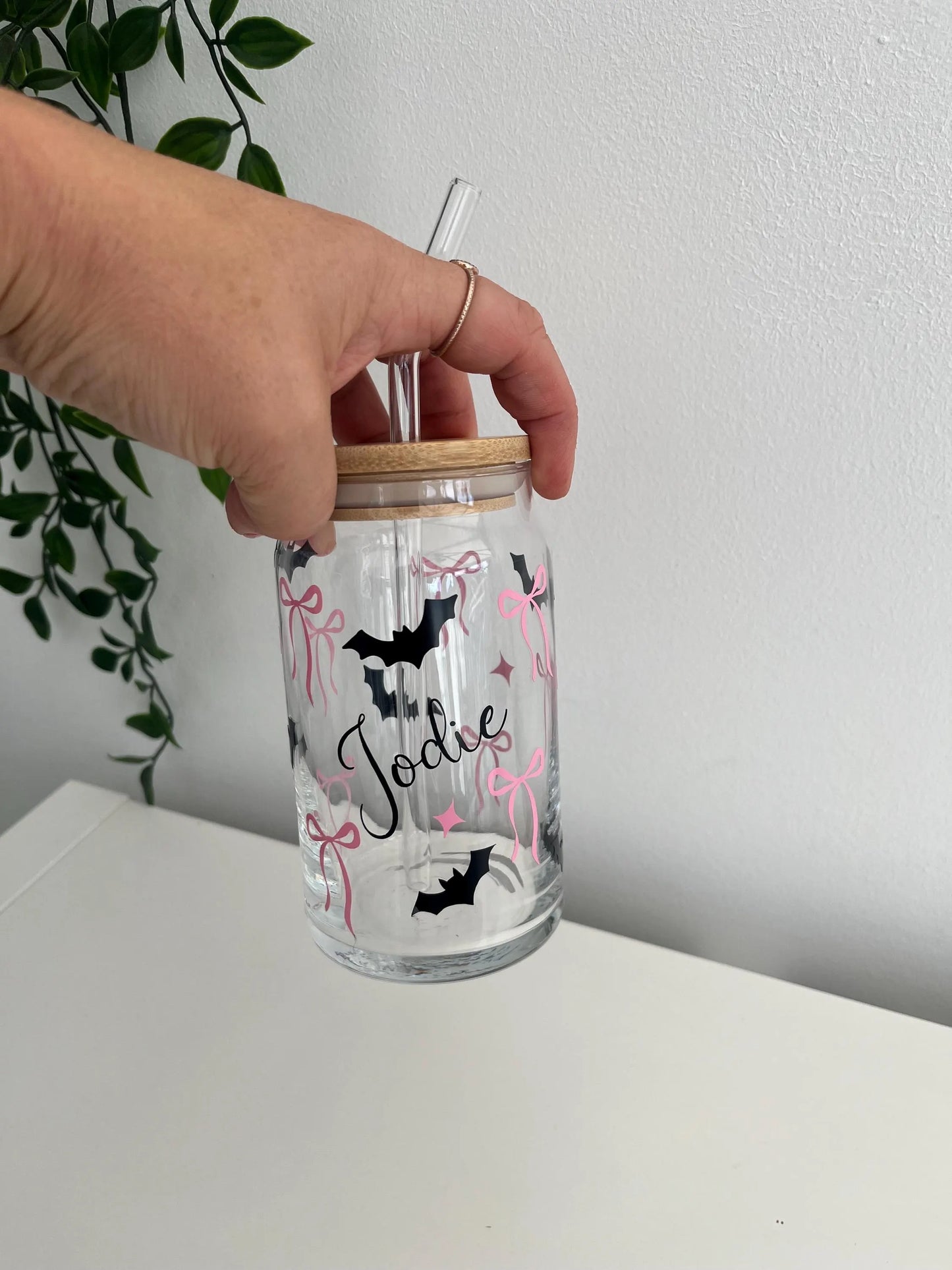 Personalised glass cup with straw, Libby cup, Halloween cup, Iced coffee glass, glass cup with bows