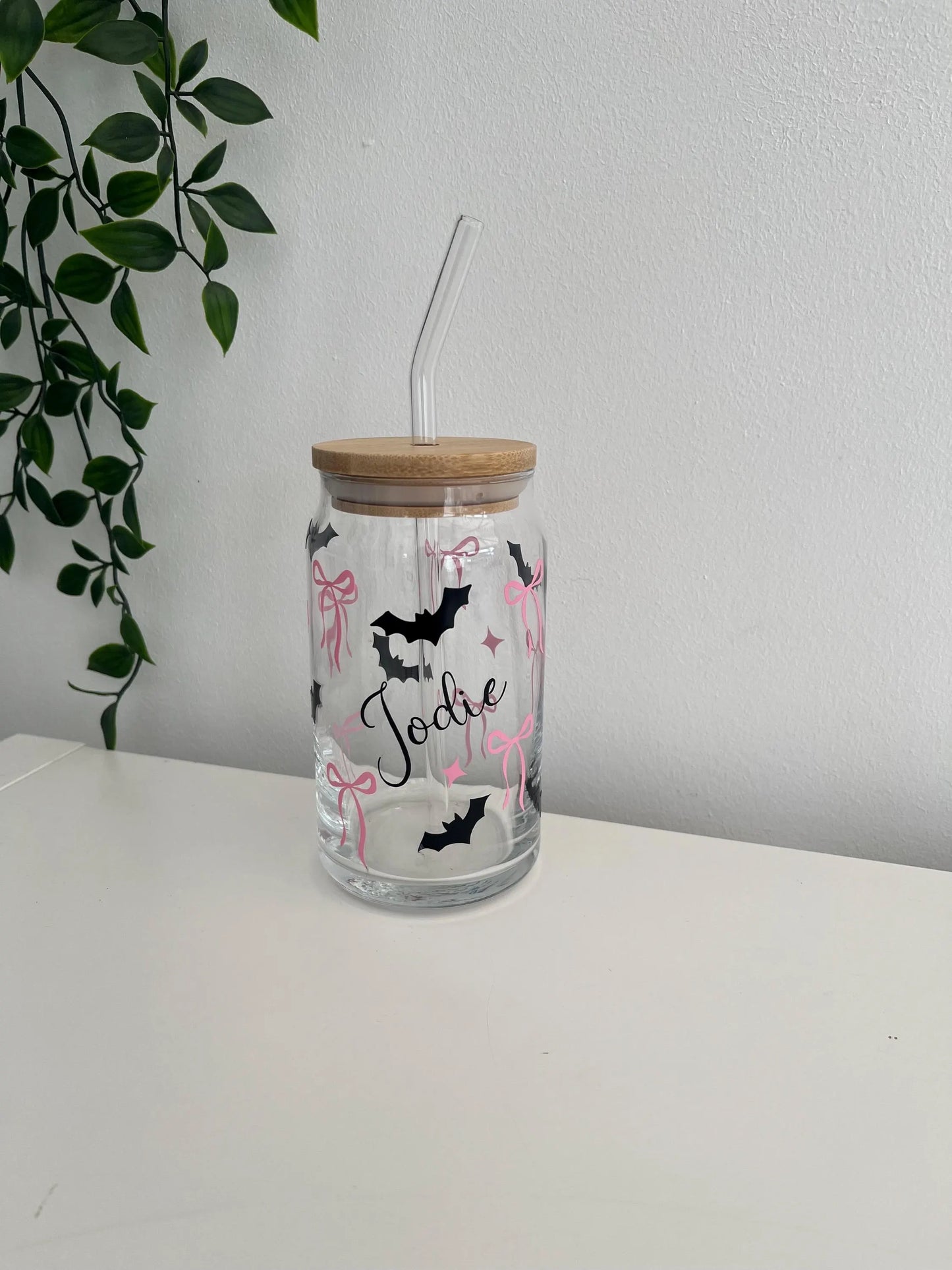 Personalised glass cup with straw, Libby cup, Halloween cup, Iced coffee glass, glass cup with bows
