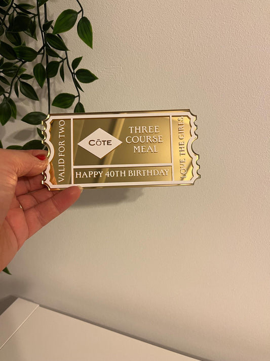 Personalised acrylic ticket, experience day ticket