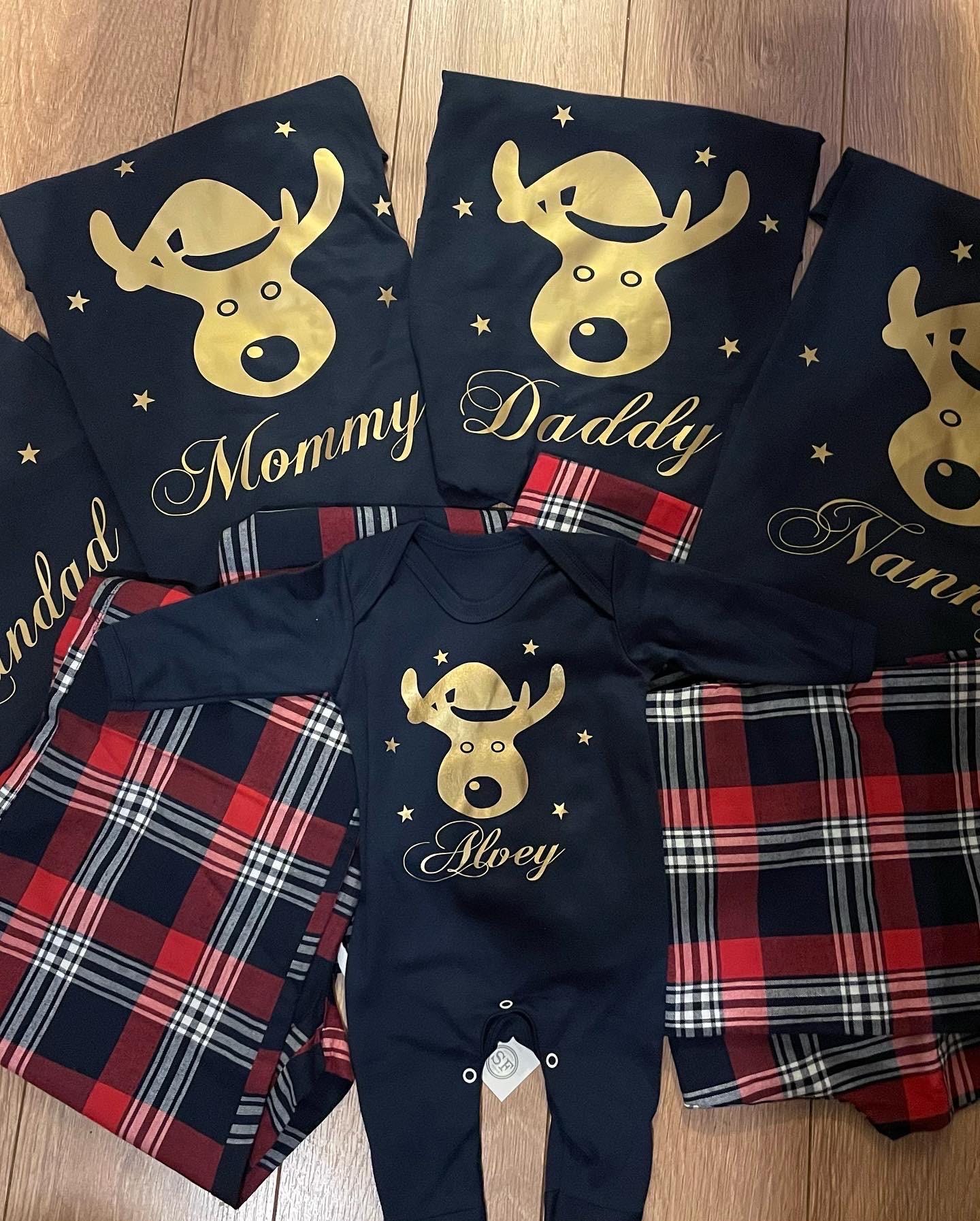 Personalised Family Christmas Pyjamas, Reindeer pjs, Christmas eve pyjamas.