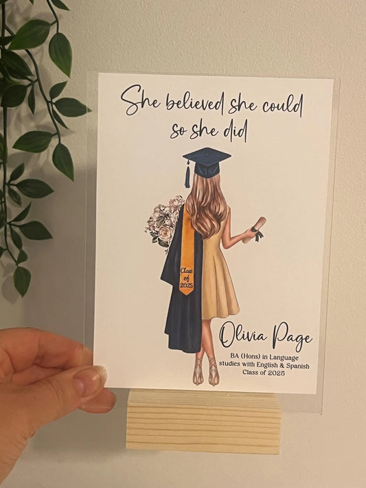 Personalised Graduation Acrylic Plaque, Acrylic standing sign with wooden block. personalised gift for graduation, class of gift
