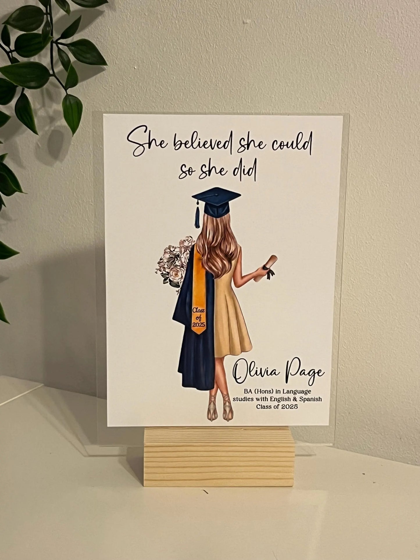 Personalised Graduation Acrylic Plaque, Acrylic standing sign with wooden block. personalised gift for graduation, class of gift
