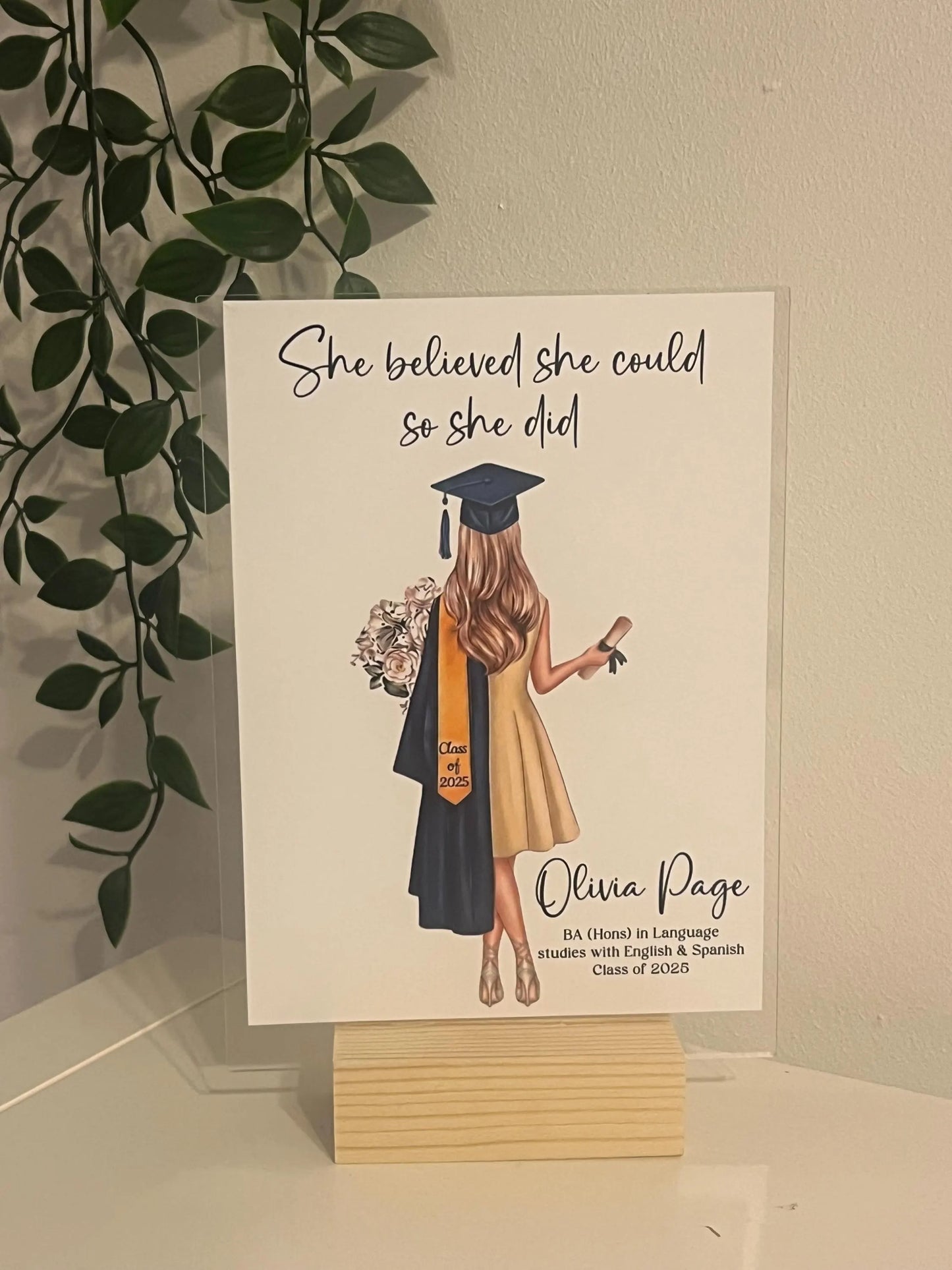 Personalised Graduation Acrylic Plaque, Acrylic standing sign with wooden block. personalised gift for graduation, class of gift