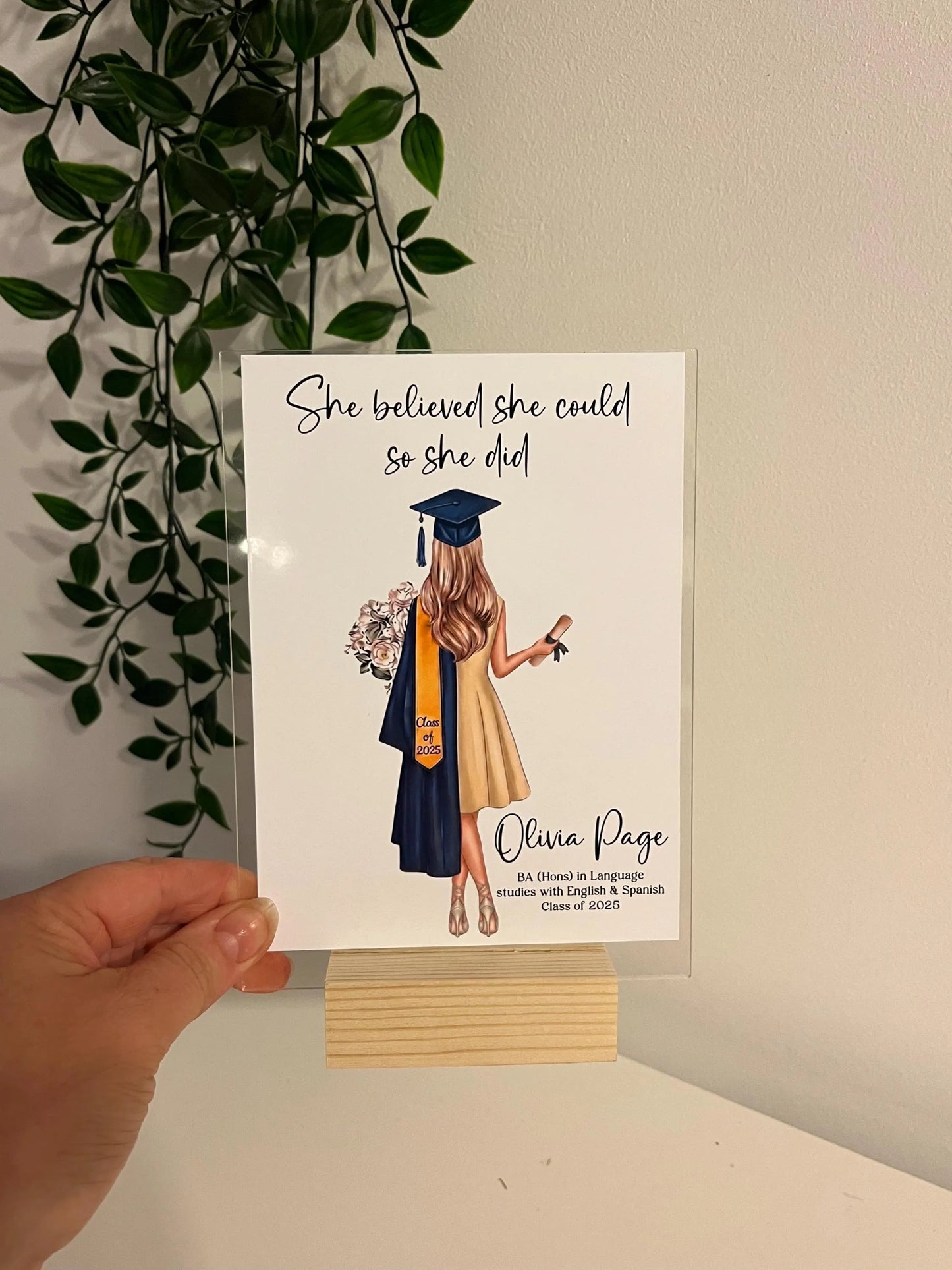 Personalised Graduation Acrylic Plaque, Acrylic standing sign with wooden block. personalised gift for graduation, class of gift